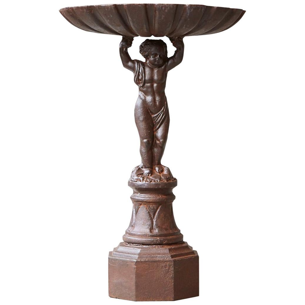 Heavy Cast Iron Birdbath, Putti Holding a Shell on Octagonal Base, 1900s