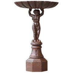 Antique Heavy Cast Iron Birdbath, Putti Holding a Shell on Octagonal Base, 1900s