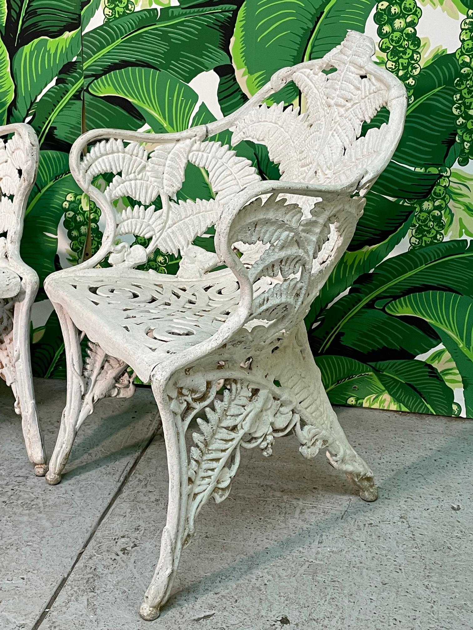 Hollywood Regency Heavy Cast Metal Fern Motif Garden Patio Chairs, a Pair