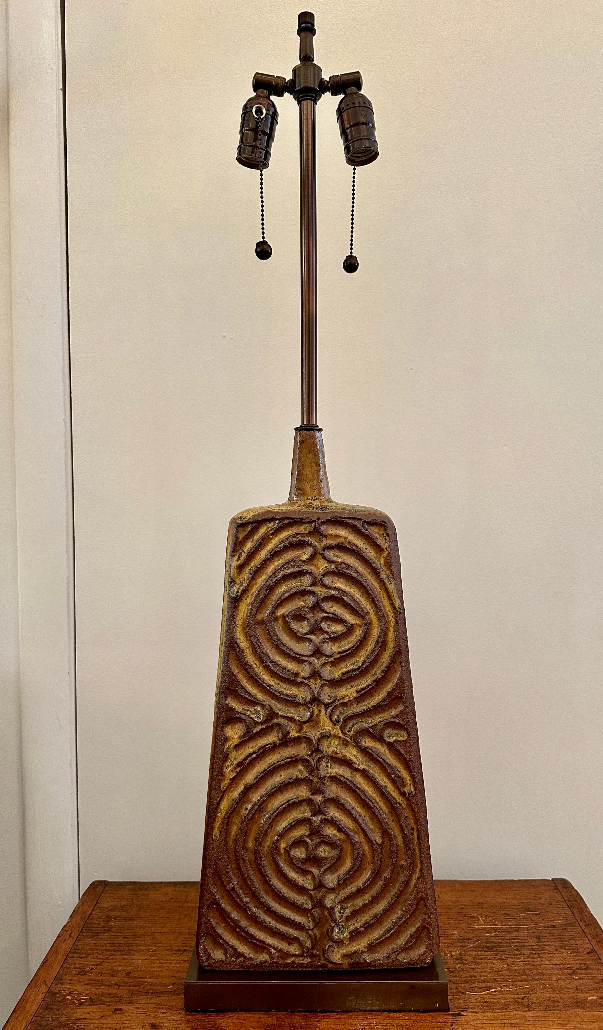 Heavy Ceramic Textural Trapezoidal Table Lamp, 1960's For Sale 1
