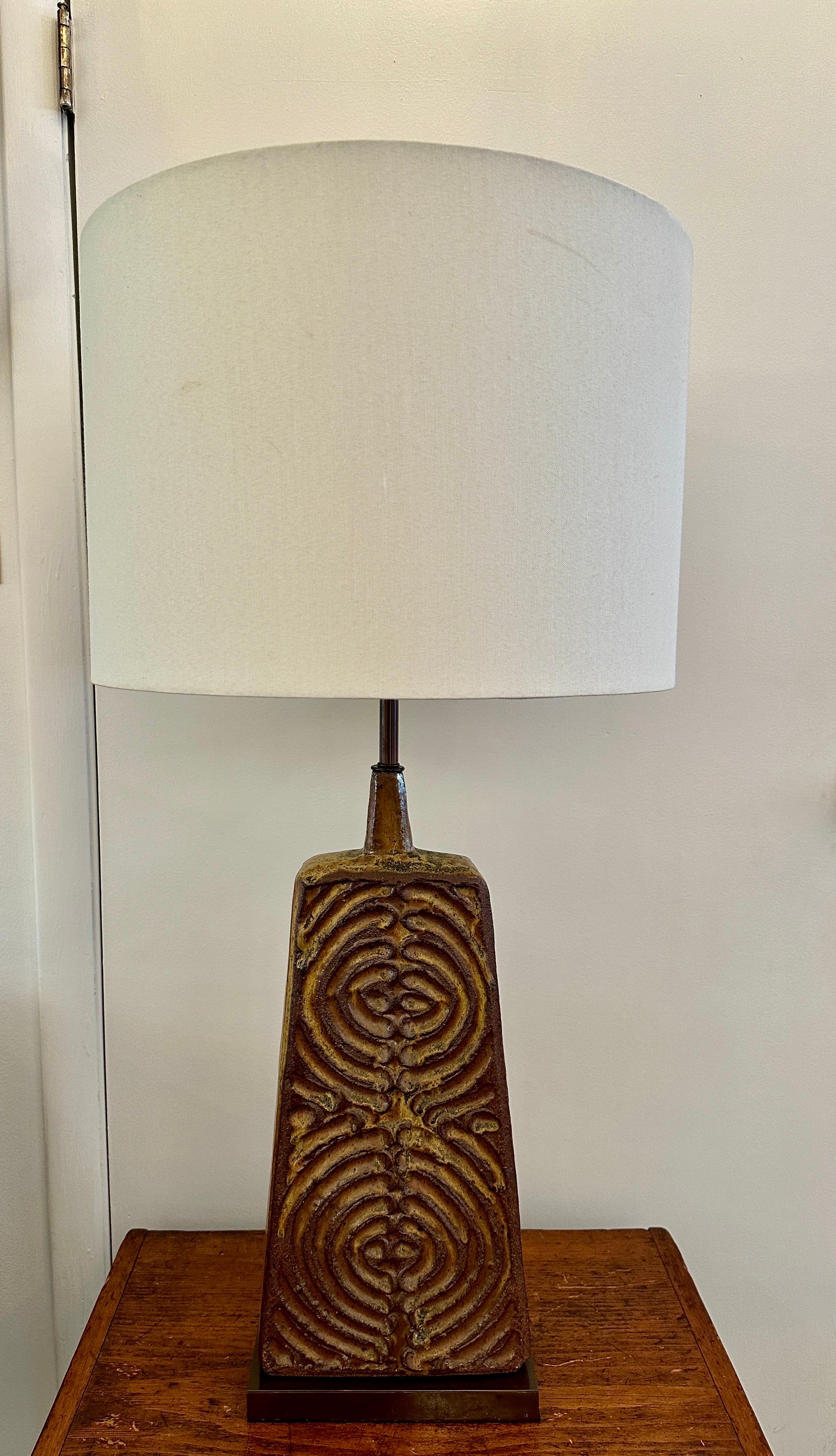 Heavy Ceramic Textural Trapezoidal Table Lamp, 1960's For Sale 2