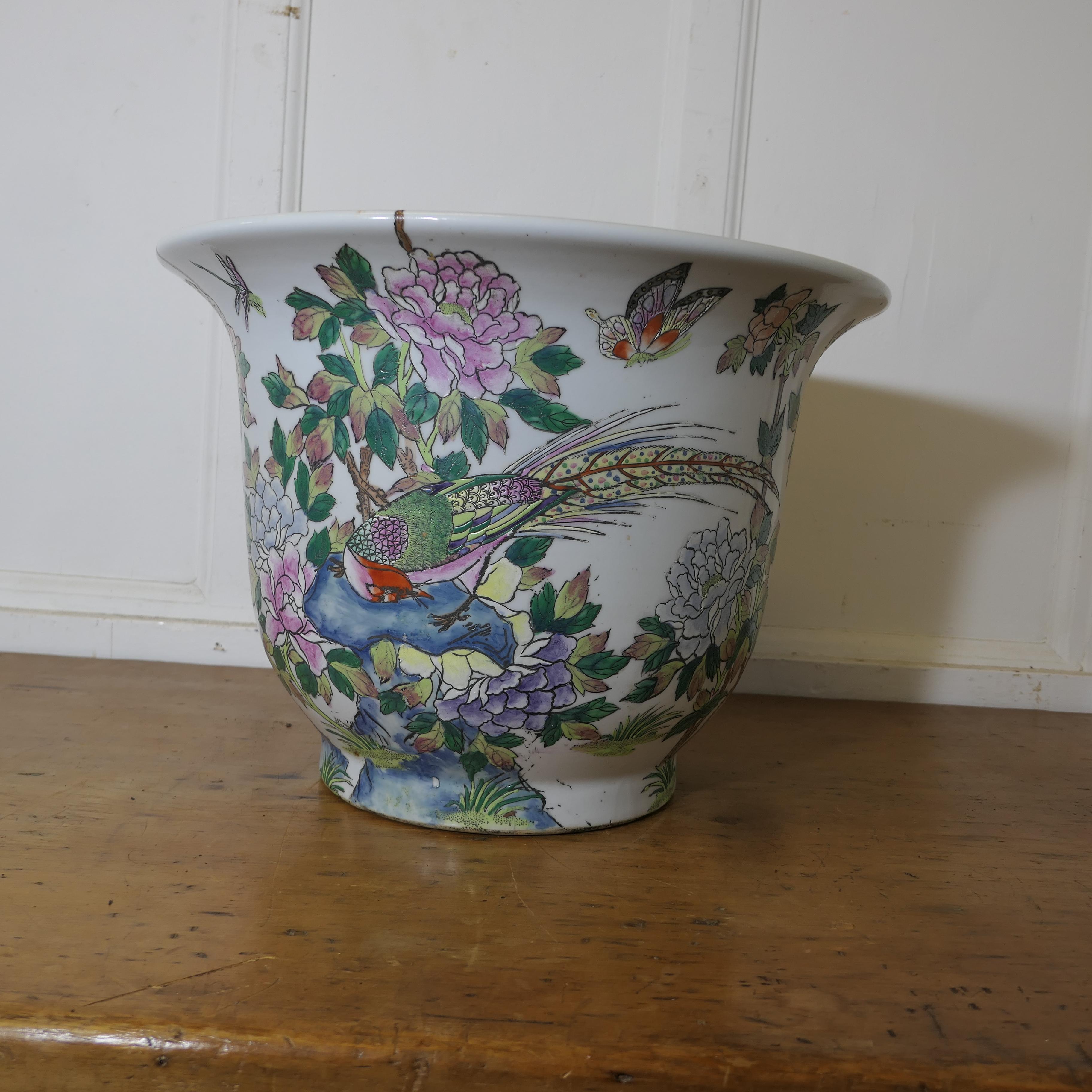 Heavy Chinese Famille Verte Fish Bowl or Jardiniere

A superb piece in bold enamel colours, in the decoration we can see many chrysanthemums and a pair of PeaCock and PeaHen 
A lovely large piece it is 14” tall and 19” in diameter 
TCS195
