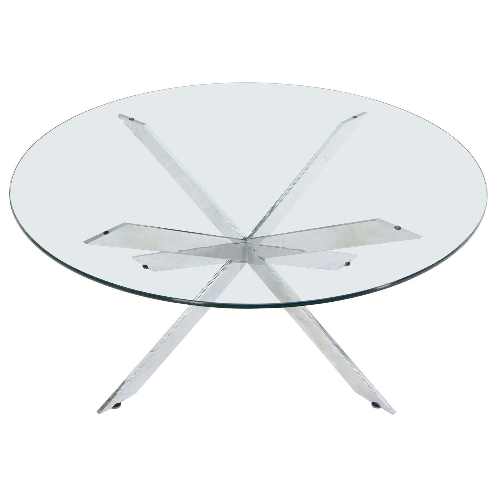 Heavy Chrome Jacks Style Spikes Base Round Glass Top Coffee Table For Sale