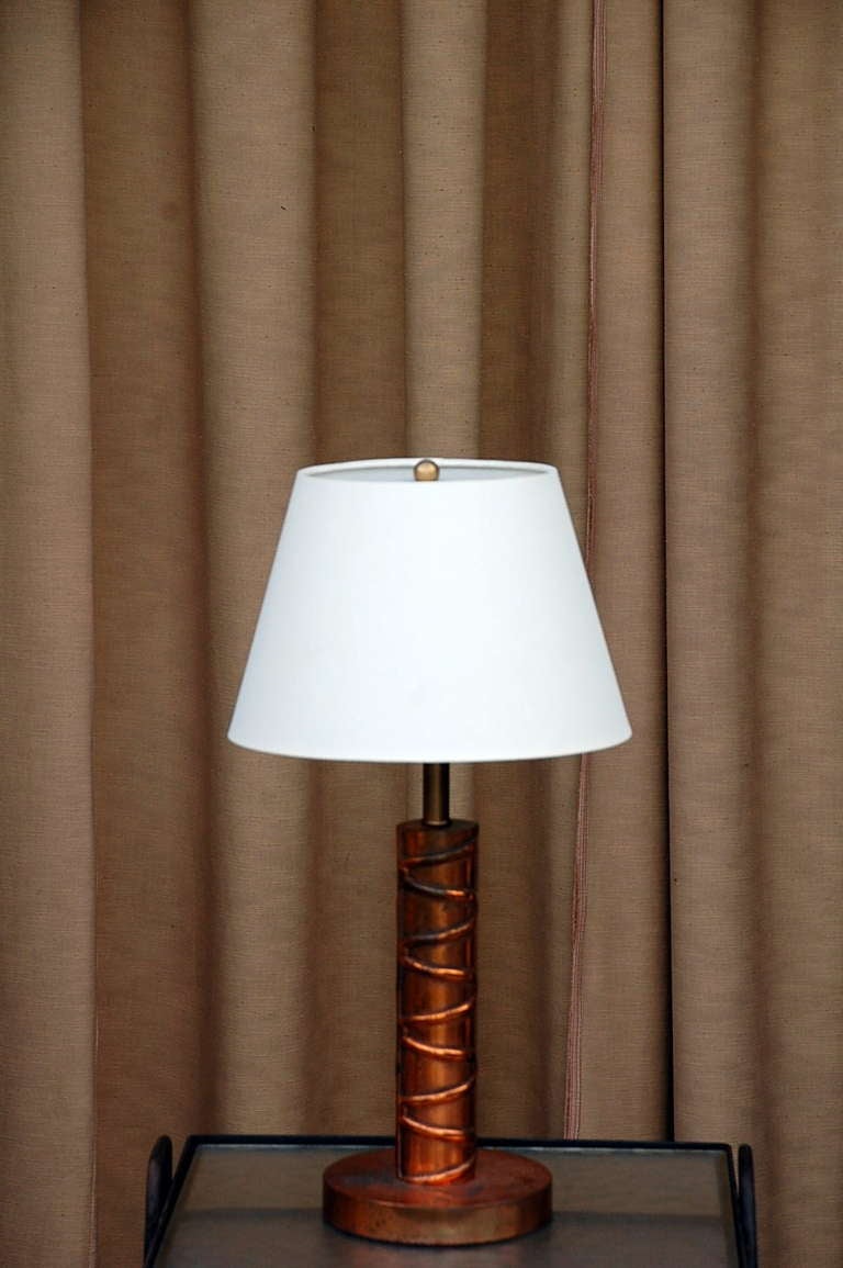 American Heavy Copper Table Lamp with Custom Linen Shade
