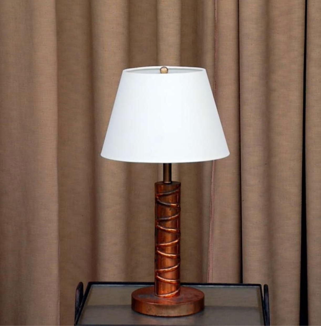 Heavy Copper Table Lamp with Custom Linen Shade In Excellent Condition In Los Angeles, CA