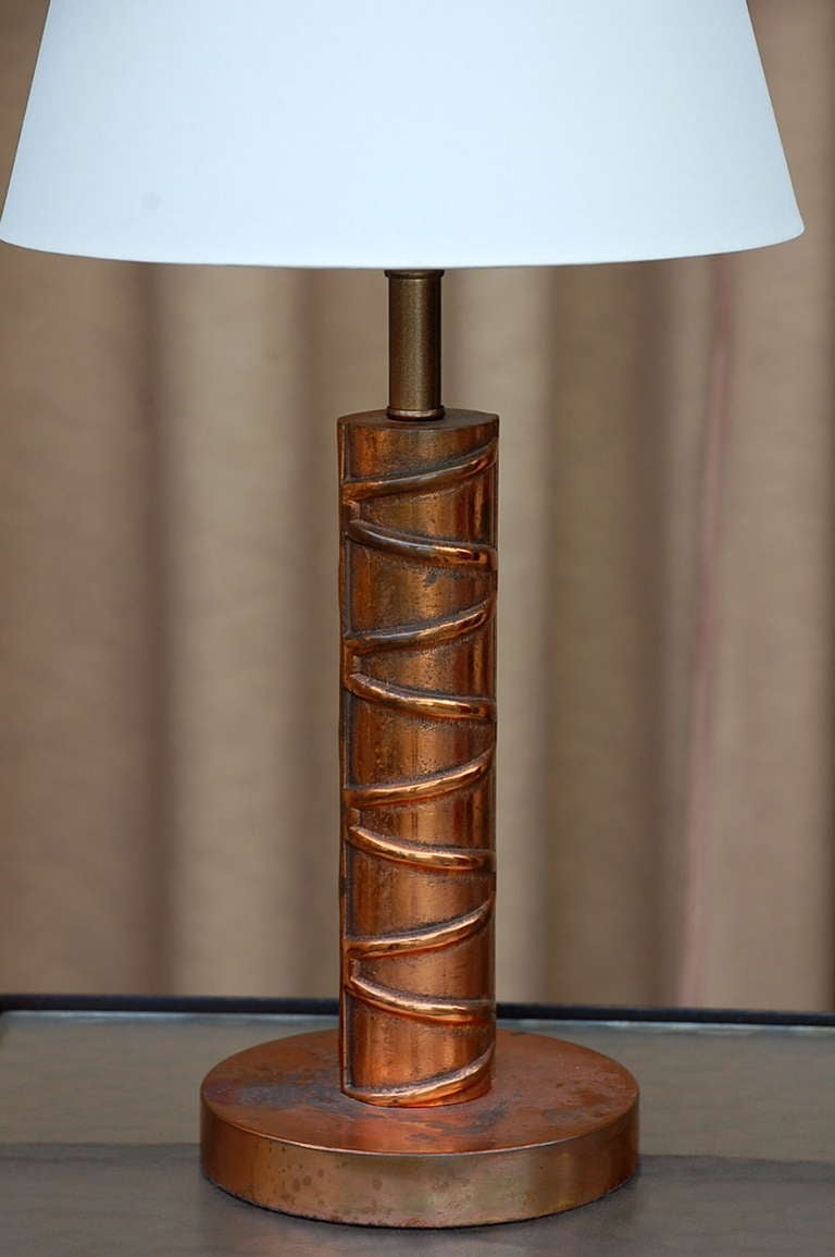20th Century Heavy Copper Table Lamp with Custom Linen Shade