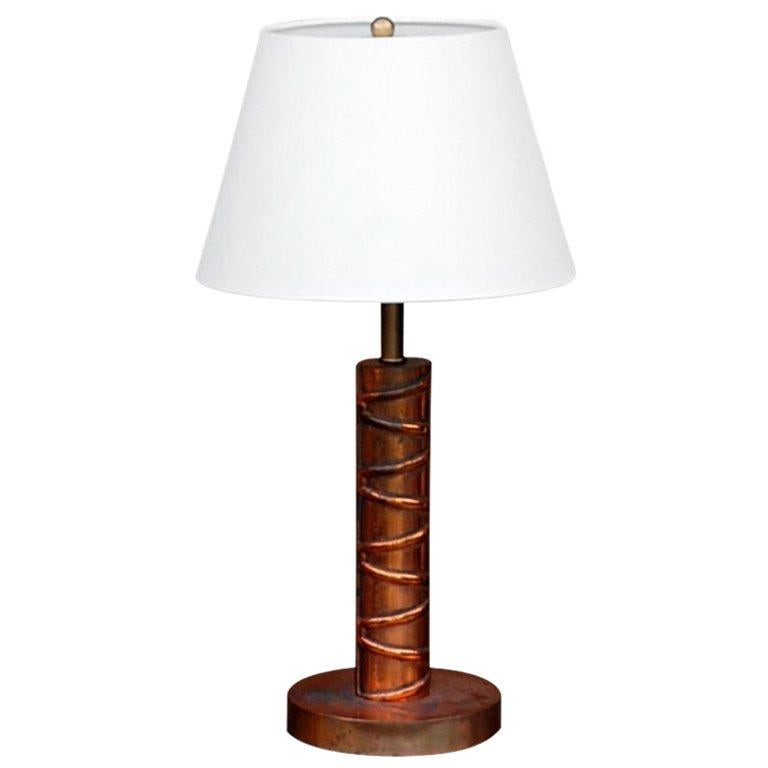Heavy Copper Table Lamp with Custom Linen Shade 