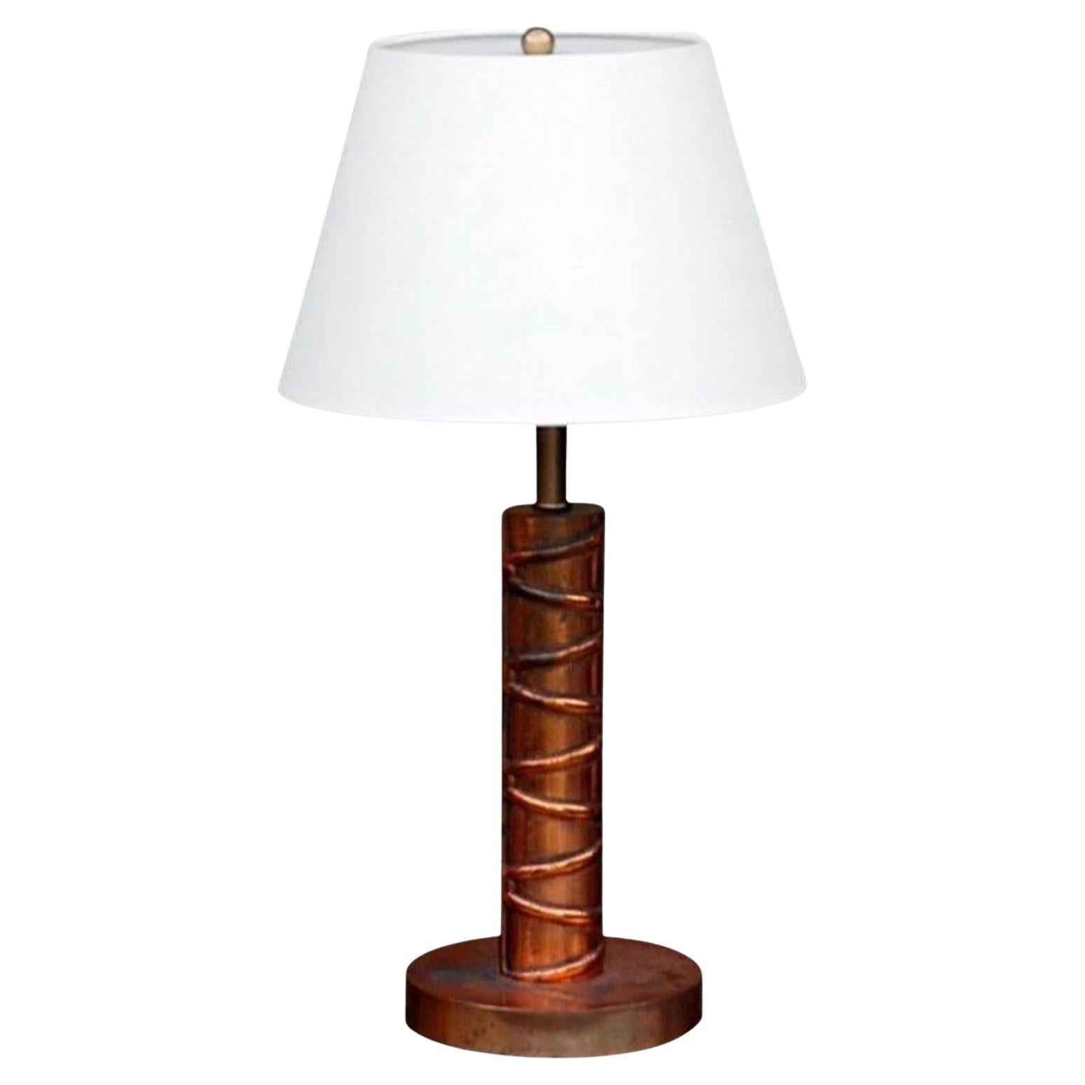 Heavy Copper Table Lamp with Custom Linen Shade