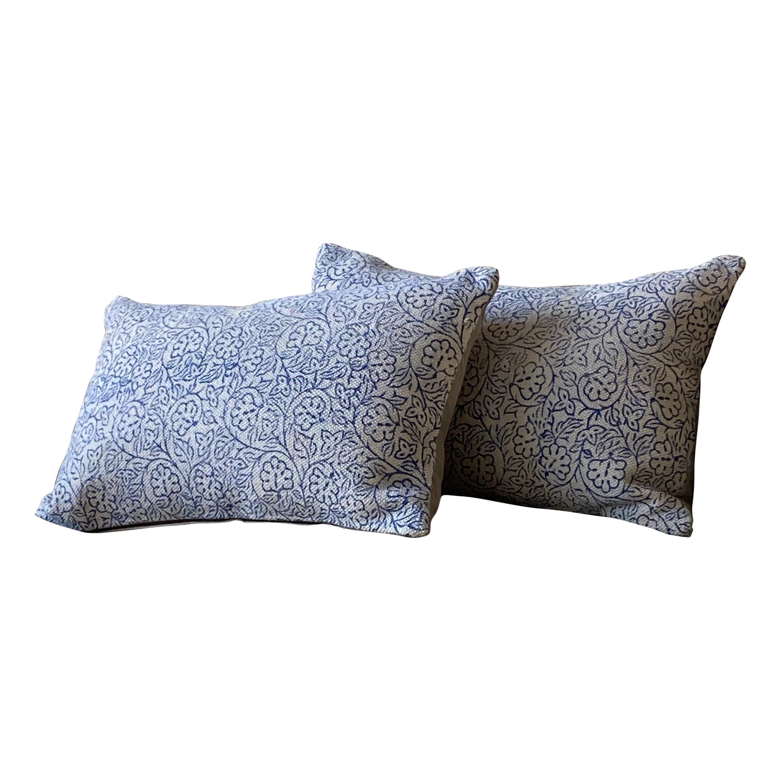 Heavy Cream and Blue Floral Linen Pillow
