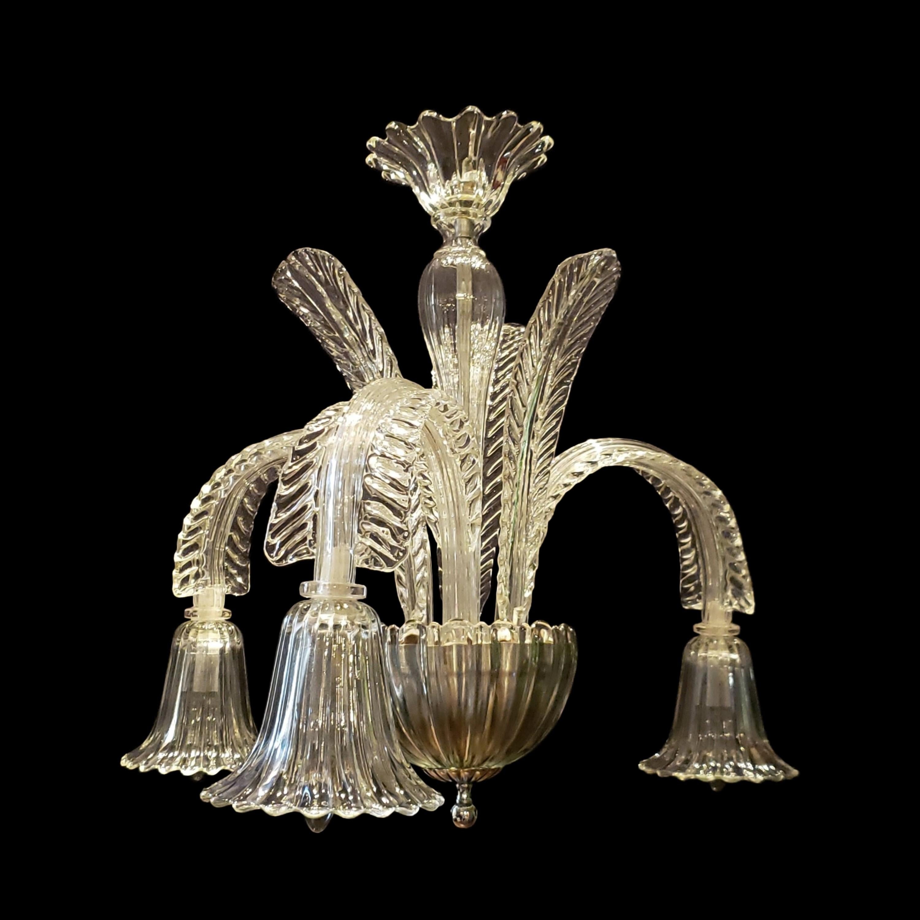 20th Century Italian hand made Murano crystal chandelier. Features three heavy down light crystal shades hanging from leaf arms with matching upright leaves. This comes rewired and ready to install. Ships disassembled. Cleaned and restored. Please