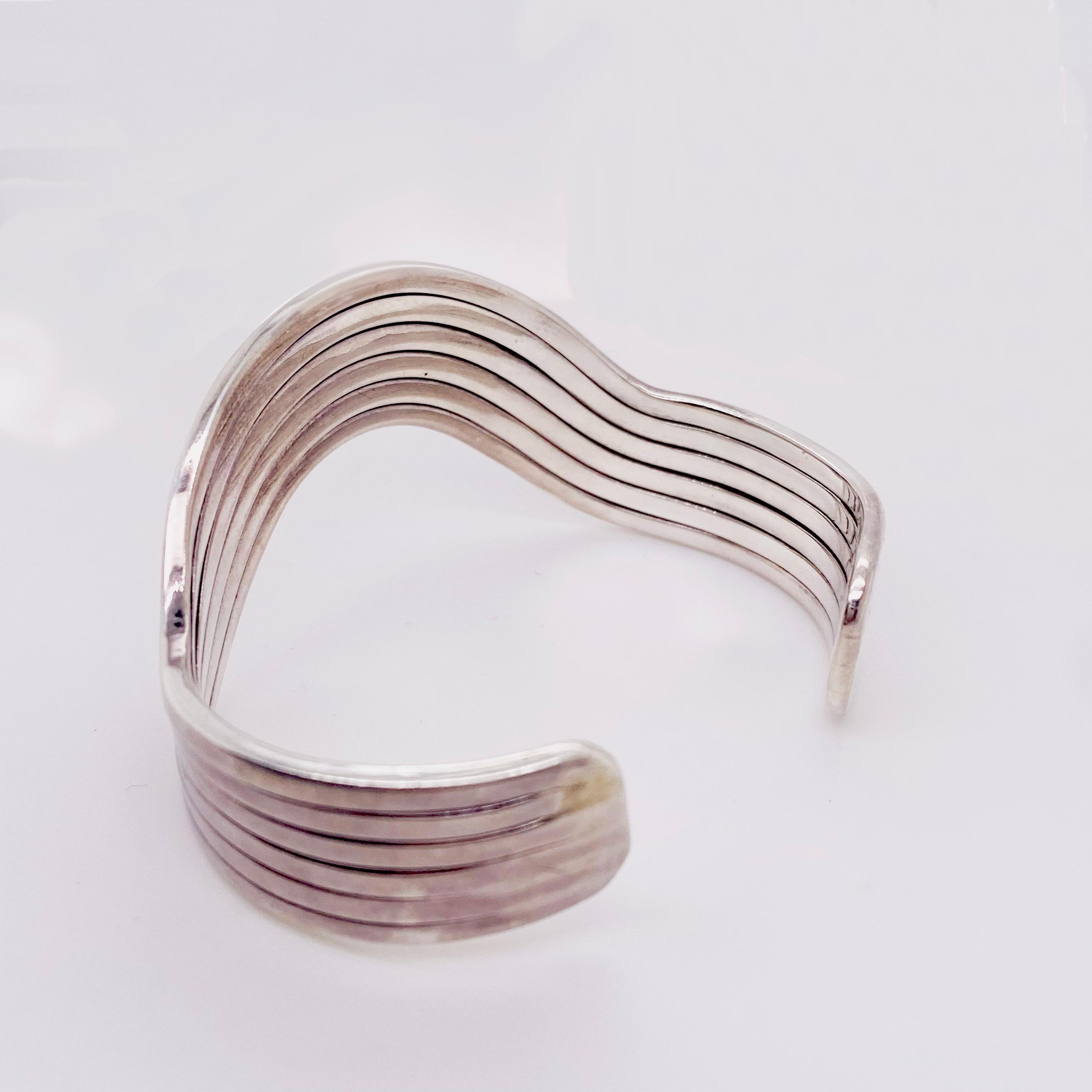 Artisan Heavy Curved Cuff Handmade in Sterling Silver, 53 Grams, Medium Size Wrist