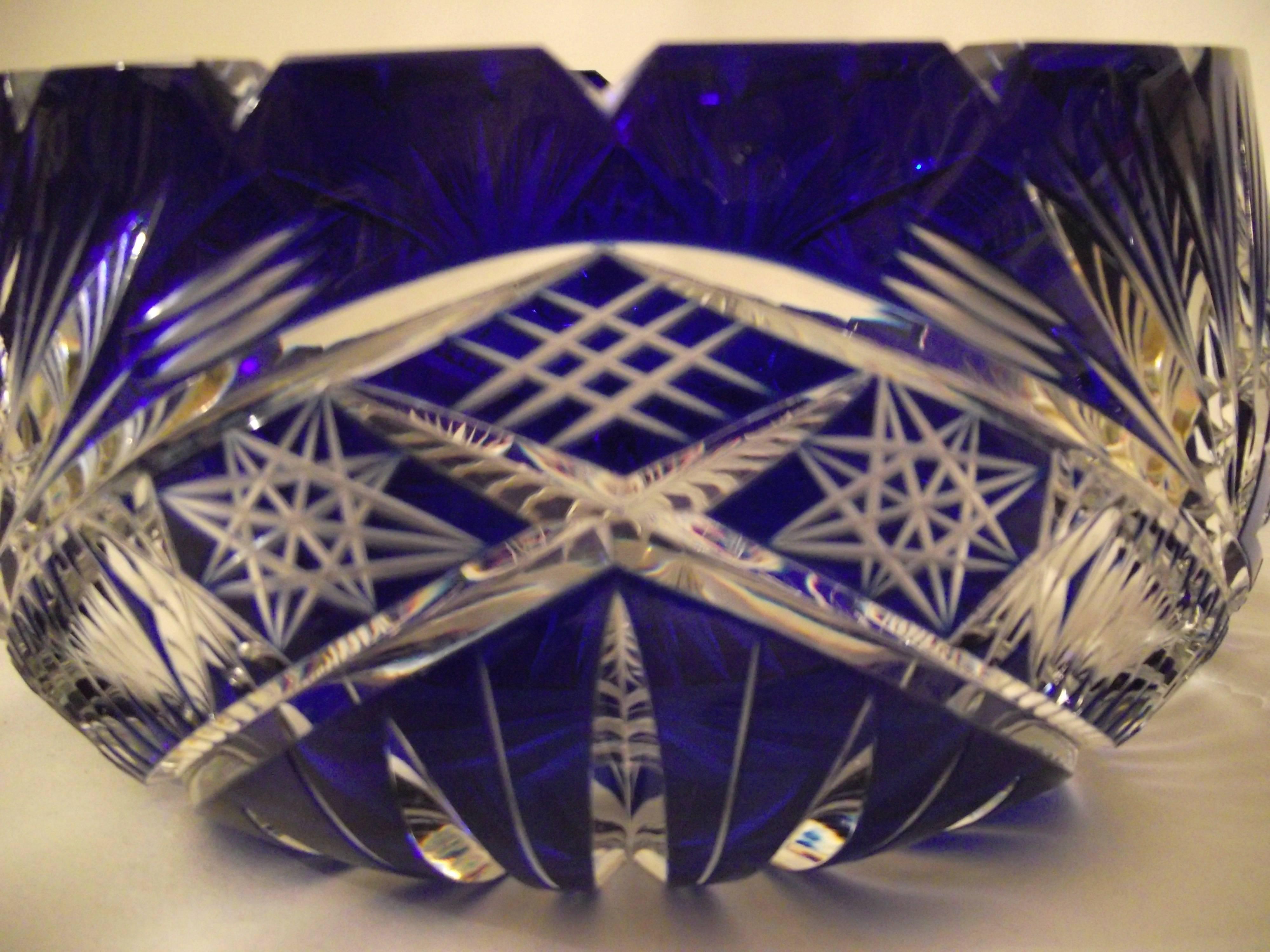 Hand-Crafted Heavy Cut Crystal Bohemian Bowl, Blue to Clear Cut Crystal