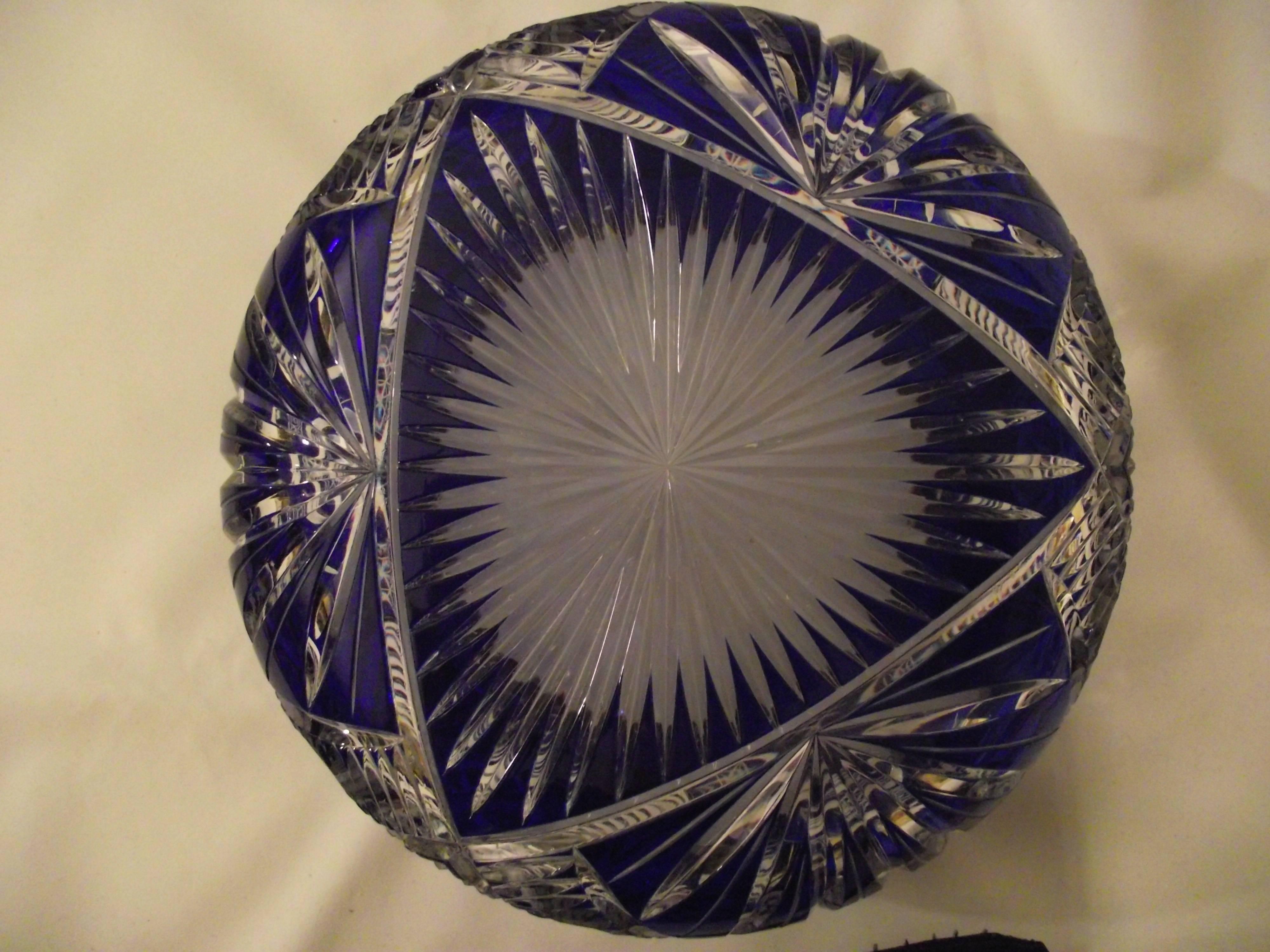 Early 20th Century Heavy Cut Crystal Bohemian Bowl, Blue to Clear Cut Crystal