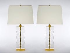 Heavy Cut Glass Italian Art Deco Style Pair Table Lamp