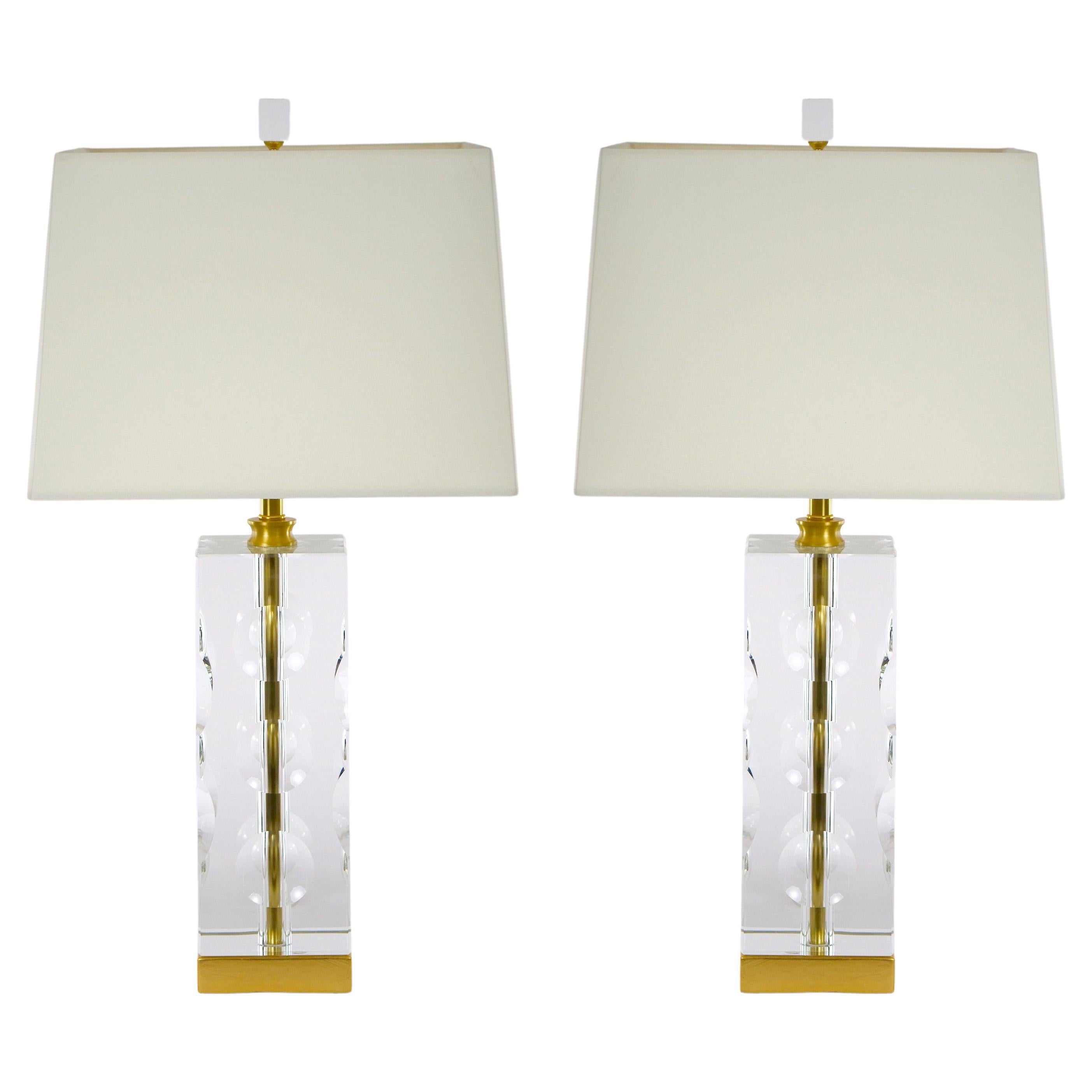 Heavy Cut Glass Italian Art Deco Style Pair Table Lamp For Sale