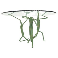 Mesa de Comedor Redonda con Tablero de Cristal y Borde de Cuerda, Base de Escultura Danzante de Acero Reforzado