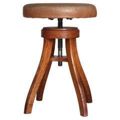 Vintage Heavy Danish Modern Swivel Stool in Patinated Leather & Oak, Fritz Hansen, 1930s