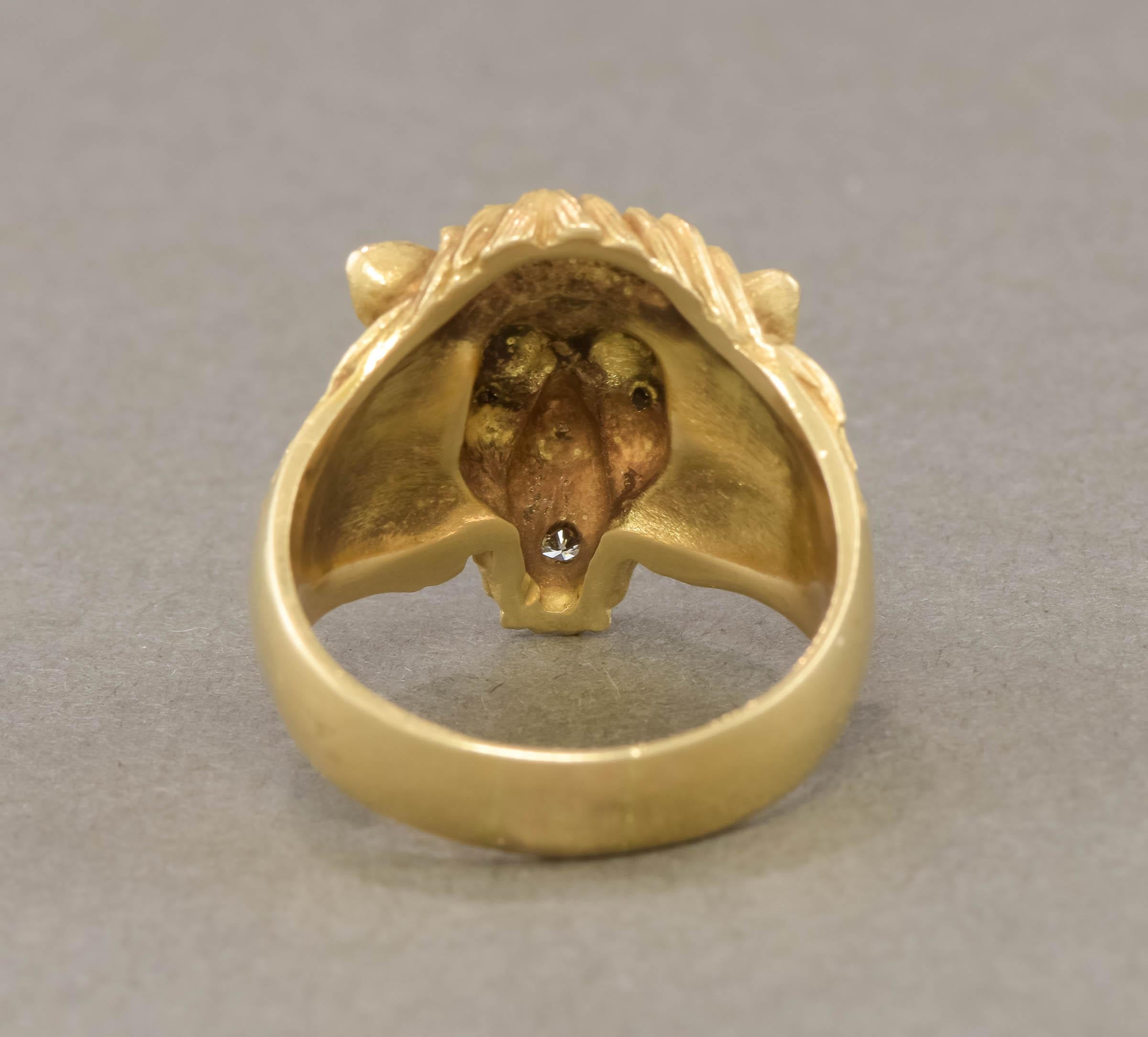 Women's or Men's Heavy Detailed Gold Lion Ring with Diamonds by Baumstein Feder, circa 1950'S For Sale