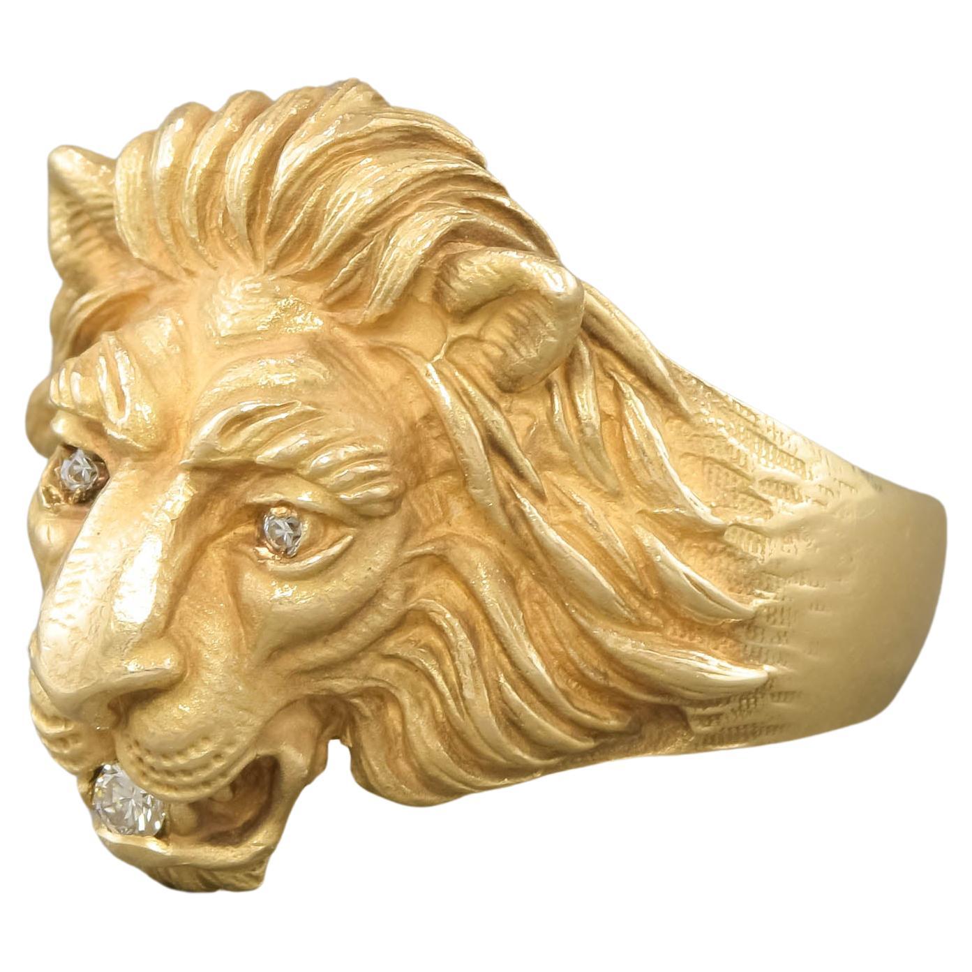 Heavy Detailed Gold Lion Ring with Diamonds by Baumstein Feder, circa 1950'S For Sale