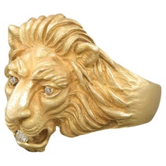 Heavy Detailed Gold Lion Ring with Diamonds by Baumstein Feder, circa 1950'S