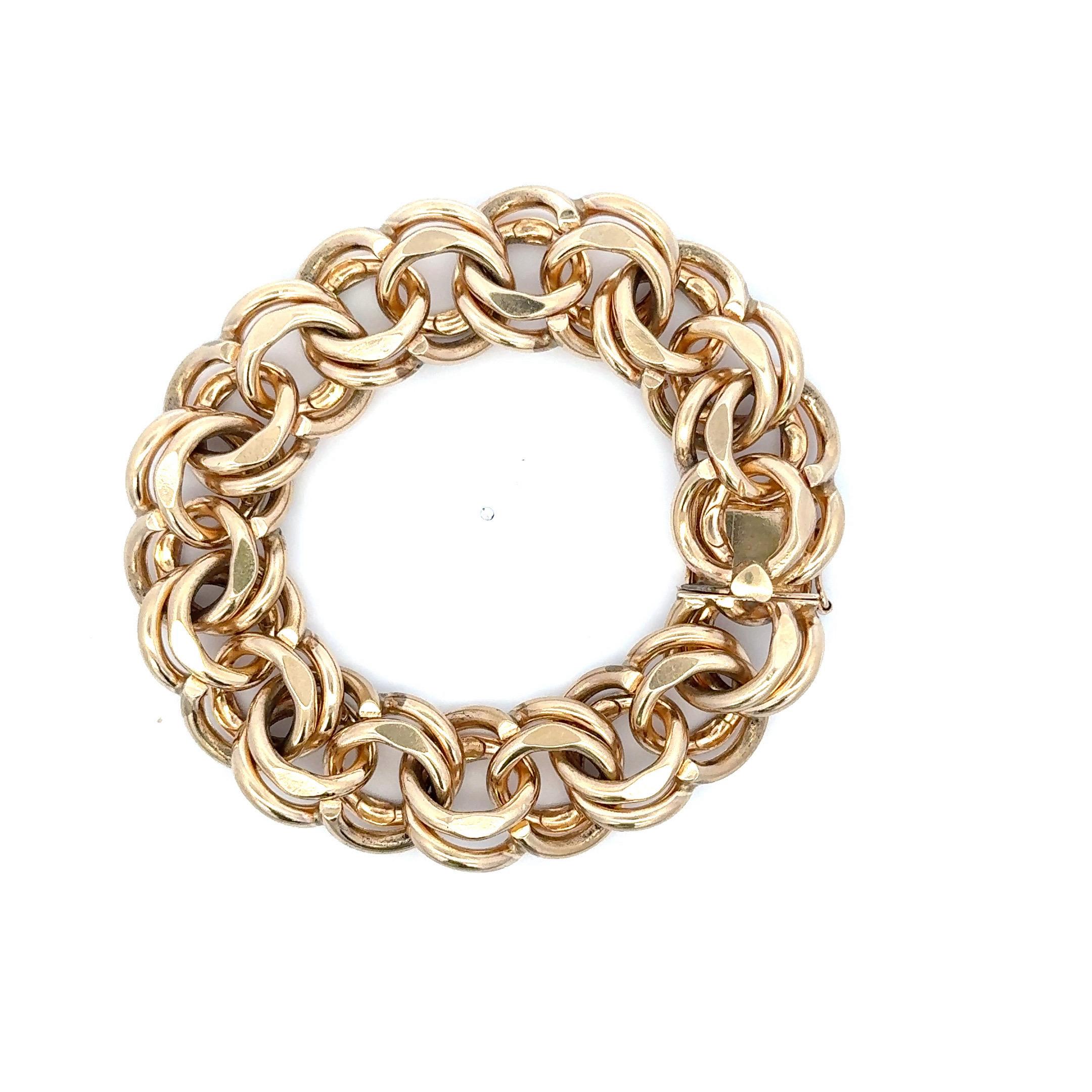 Contemporary Heavy Double Link Charm Bracelet 112 Grams 14 Karat Yellow Gold 8 Inches For Sale