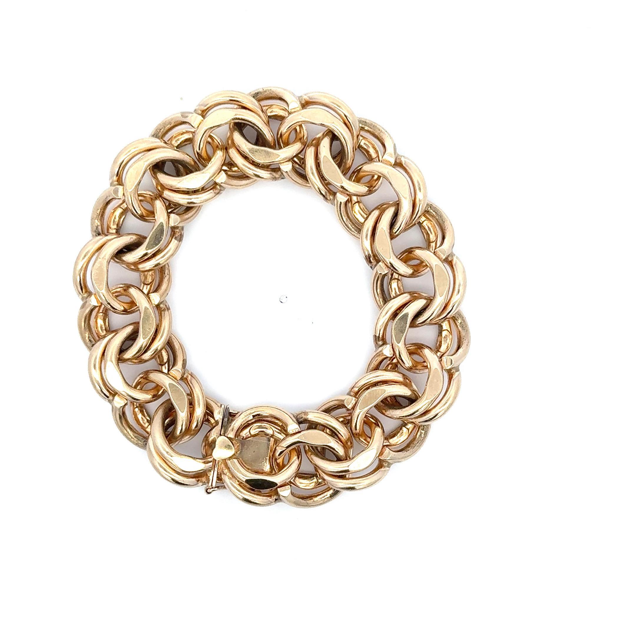 Heavy Double Link Charm Bracelet 112 Grams 14 Karat Yellow Gold 8 Inches In Excellent Condition For Sale In New York, NY