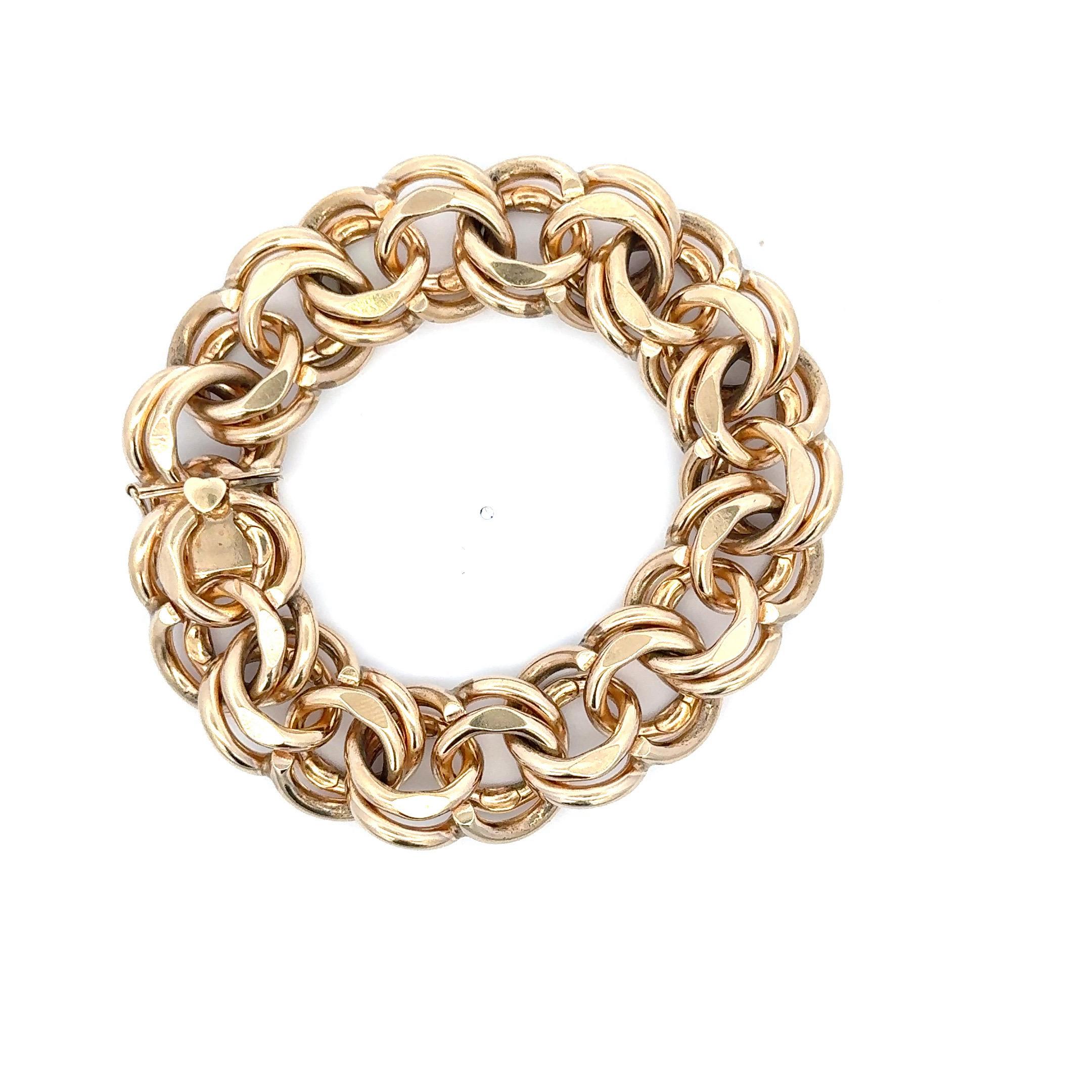 Women's Heavy Double Link Charm Bracelet 112 Grams 14 Karat Yellow Gold 8 Inches For Sale