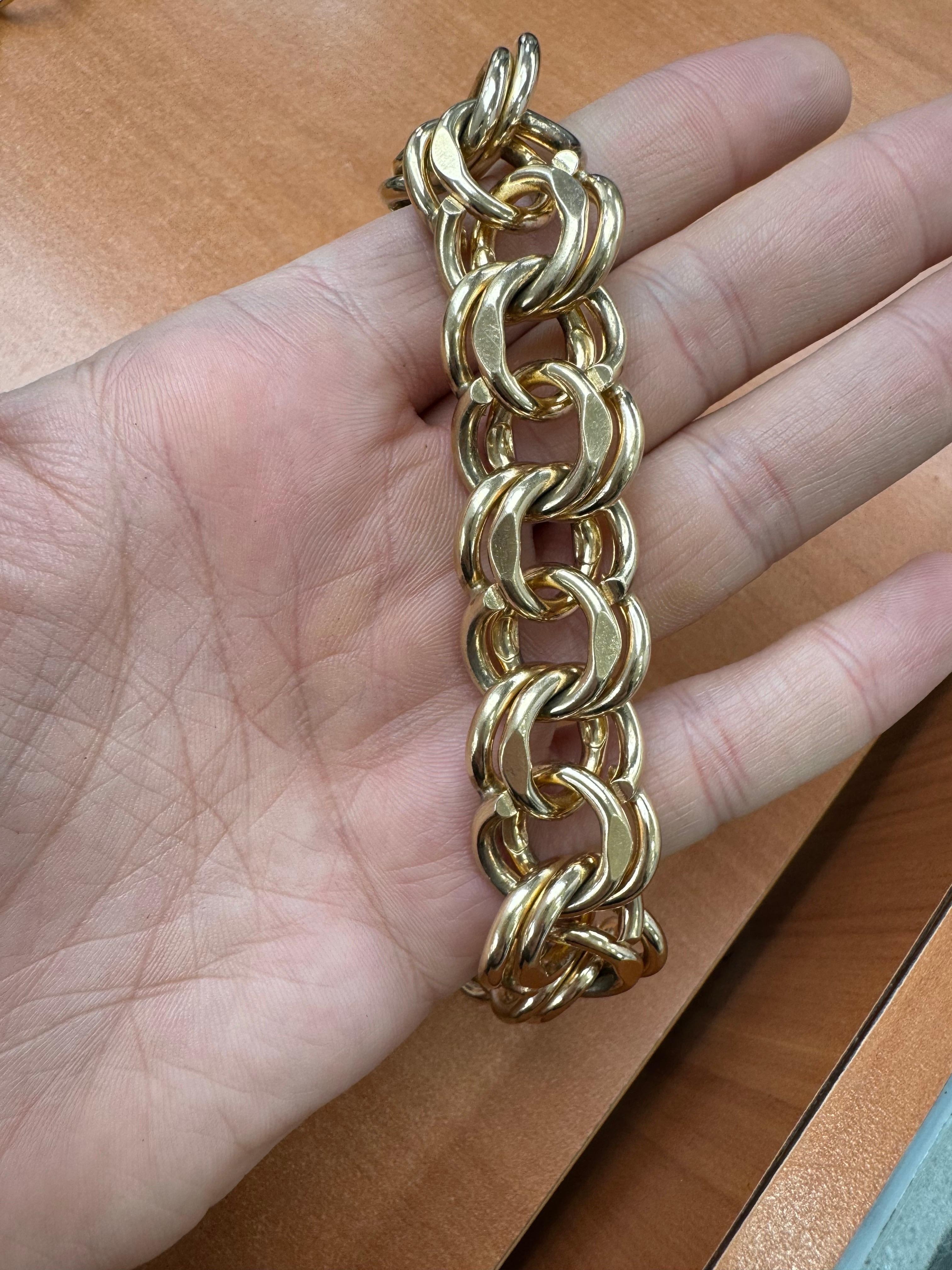 Heavy Double Link Charm Bracelet 112 Grams 14 Karat Yellow Gold 8 Inches For Sale 3