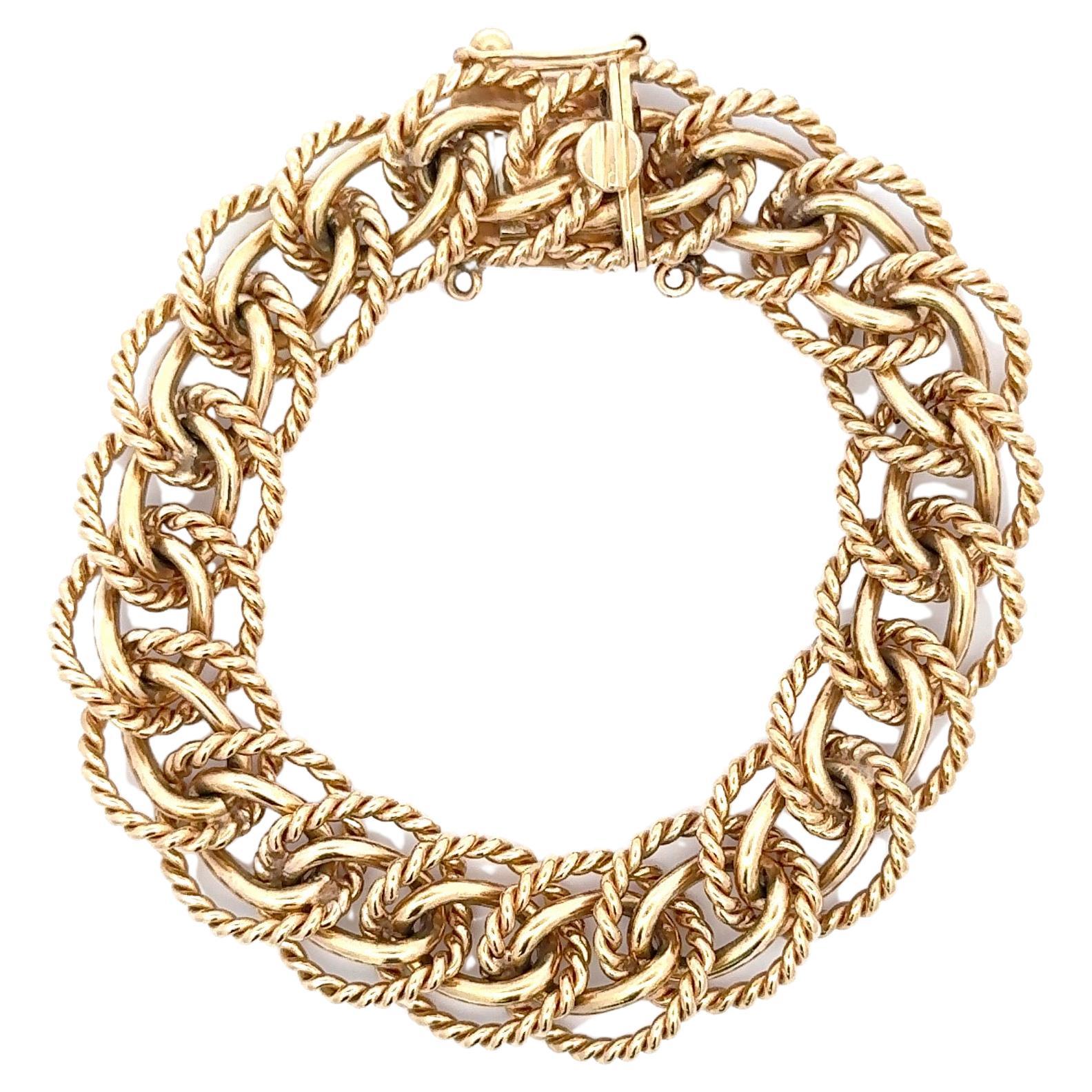Heavy Double Row Twist & High Polished Link Bracelet 68.6 Grams 14 Karat Gold  For Sale