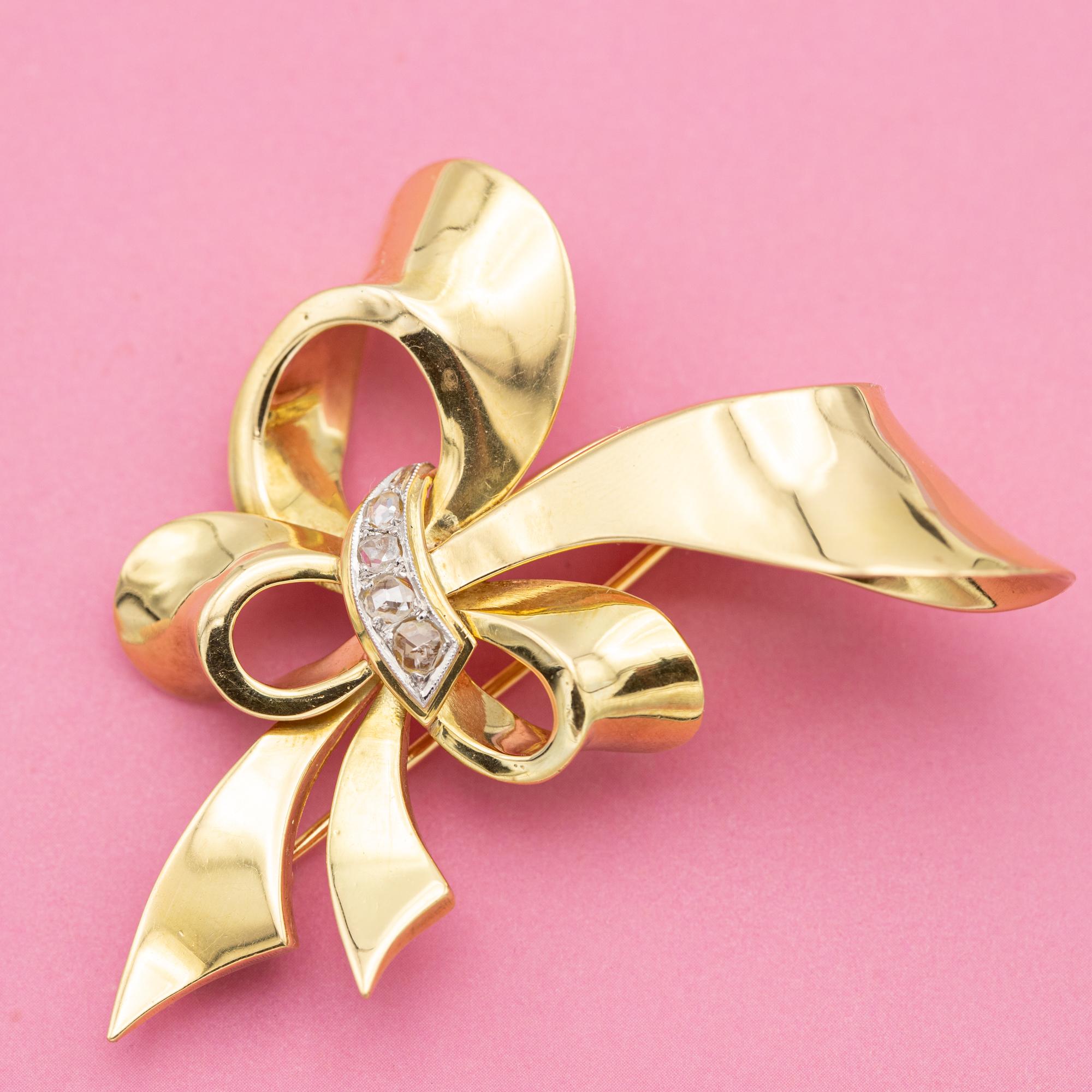 Women's or Men's Heavy Elegant 18k bow Brooch - 1940's collar pin - solid gold rose cut diamonds For Sale