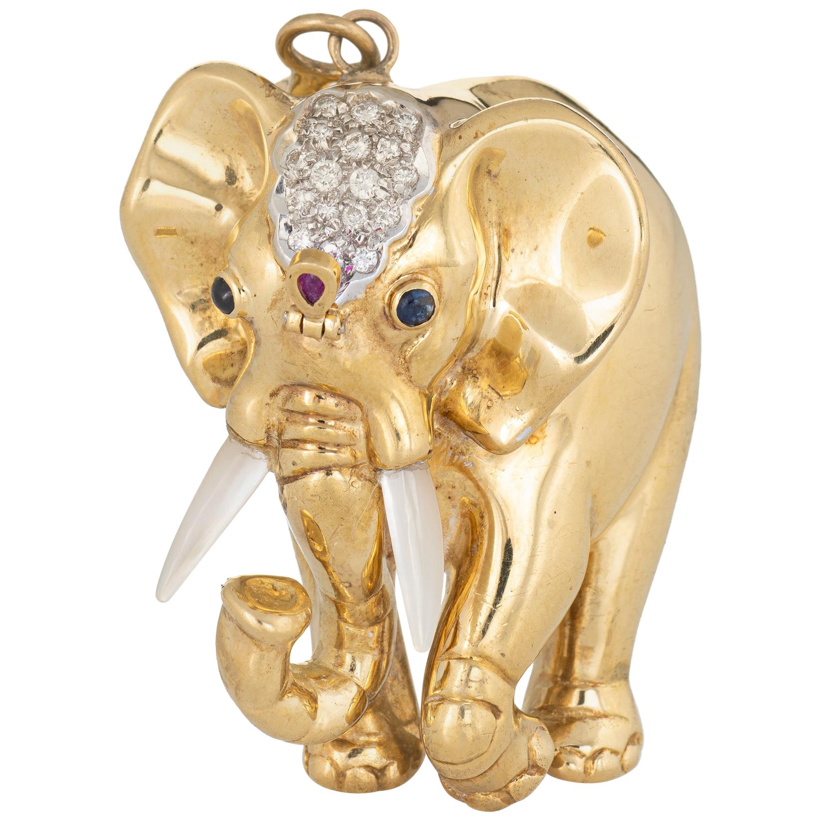 Heavy Elephant Pendant Vintage 18 Karat Gold Diamond Gemstones Large Jewelry