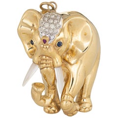 Pendentif éléphant lourd vintage en or 18 carats, diamants et pierres précieuses
