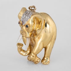 Heavy Elephant Pendant Vintage 18 Karat Gold Diamond Gemstones Large Jewelry