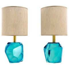 Heavy Faceted pair of Table Lamps, Aquamarine Murano Glass , Maestro Collection