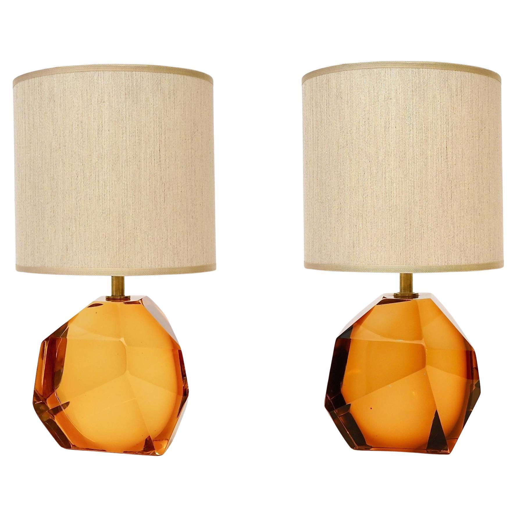 Heavy Faceted pair of Table Lamps, Murano Glass Tobacco Color Maestro Collection For Sale