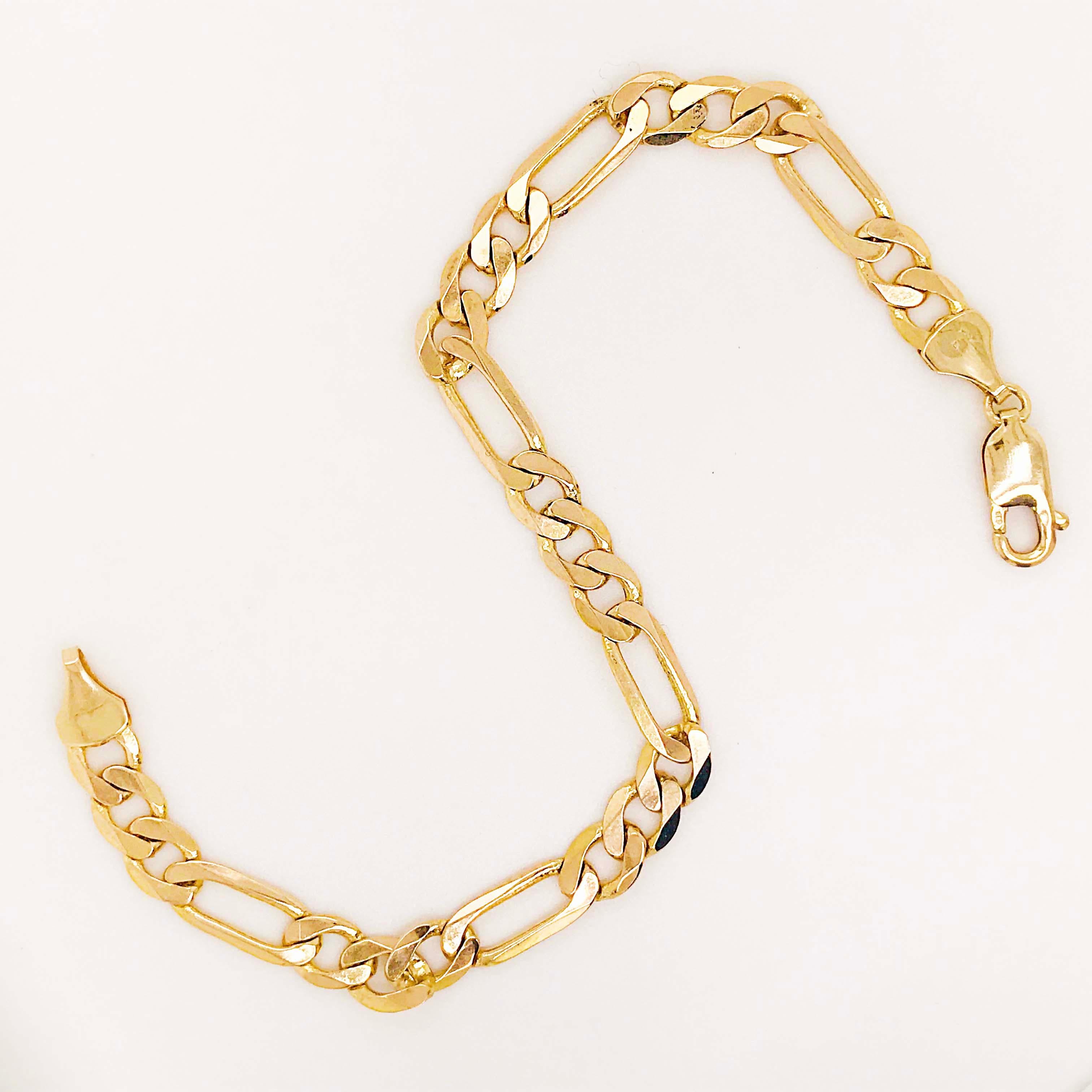 Heavy Figaro Chain Link Bracelet and Large Clasp, 14 Karat Gold 8 Inches Long 2