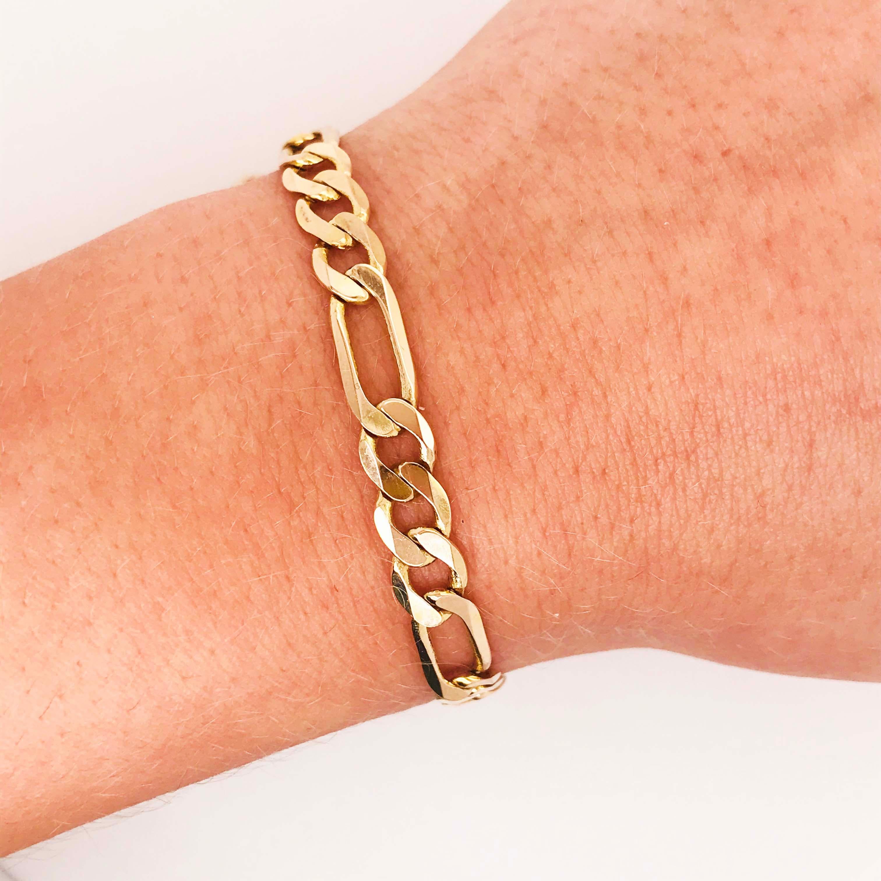 This Italian made Figaro chain link bracelet is a staple in fashion jewelry. Figaro chain bracelets have been worn for generations! They are a classic and timeless deign. This heavy Figaro bracelet has handmade links that have been made perfectly