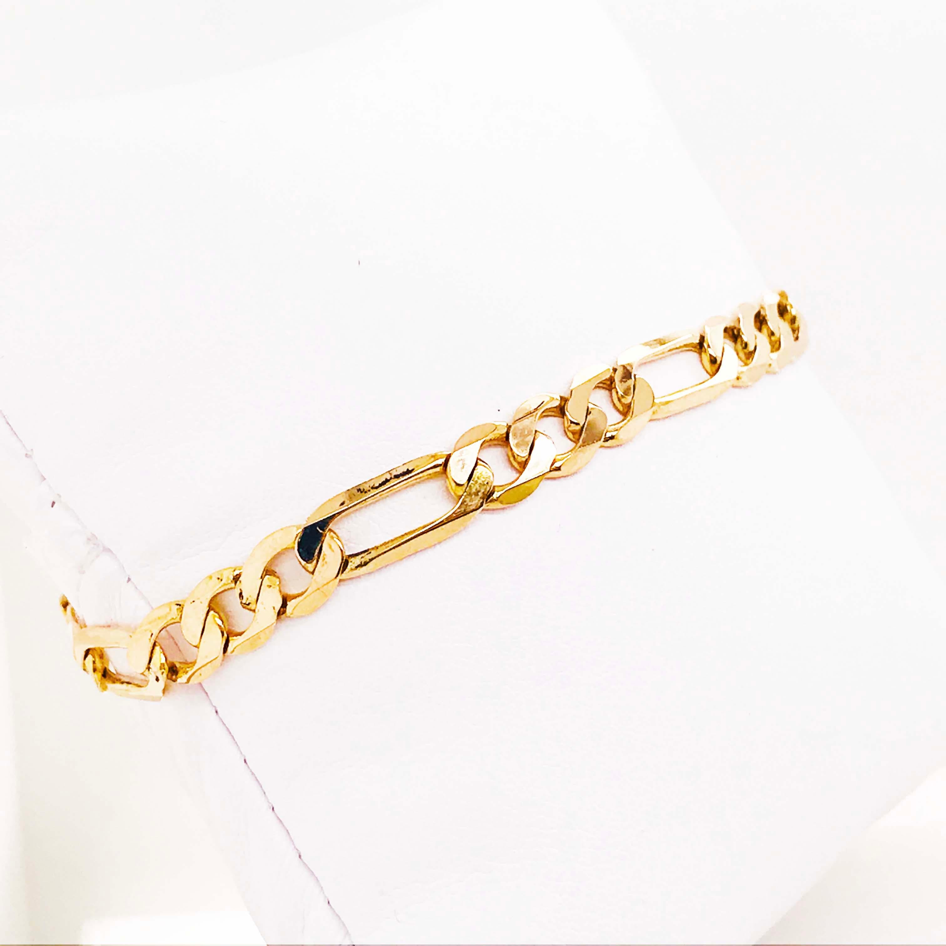 Women's or Men's Heavy Figaro Chain Link Bracelet and Large Clasp, 14 Karat Gold 8 Inches Long