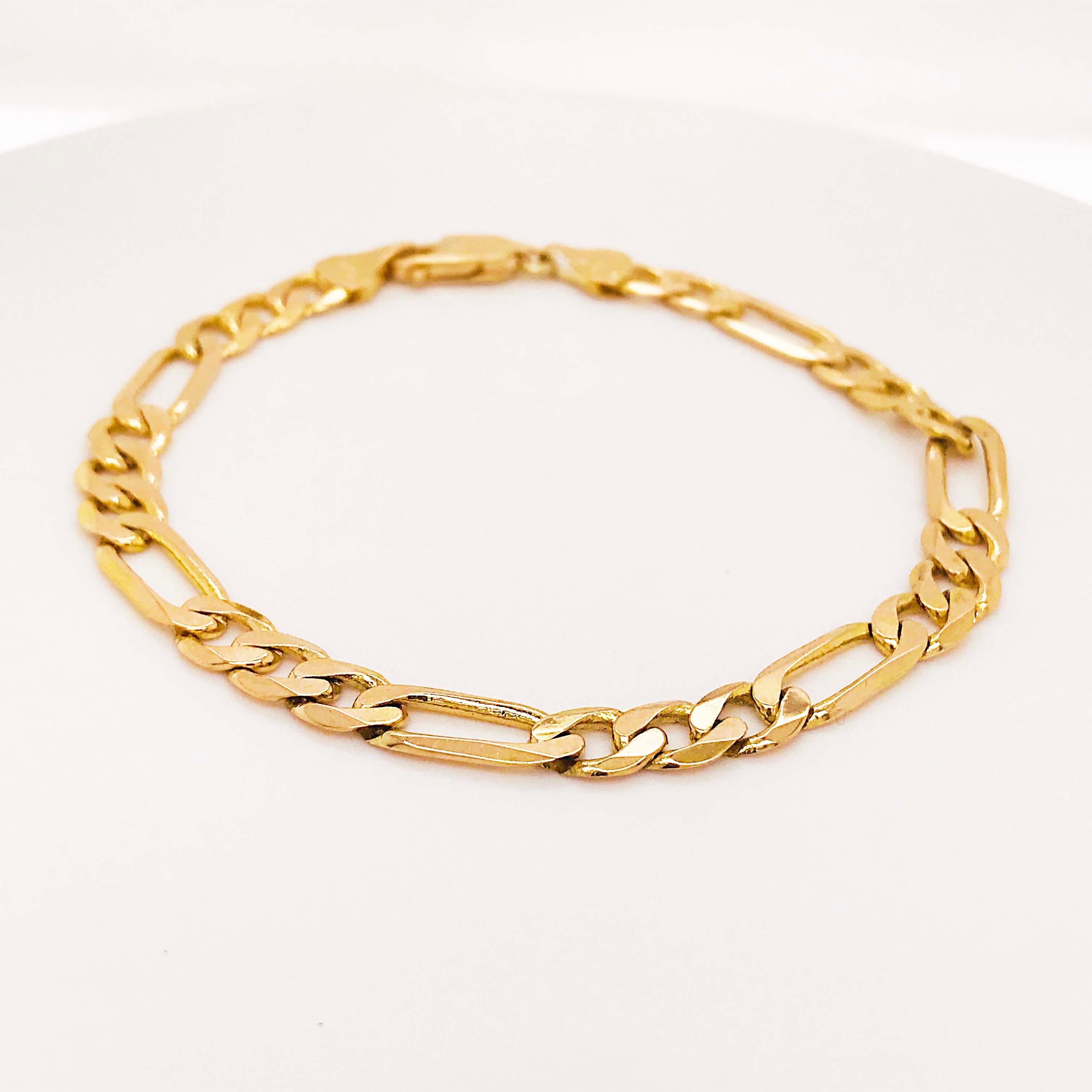 Heavy Figaro Chain Link Bracelet and Large Clasp, 14 Karat Gold 8 Inches Long 1