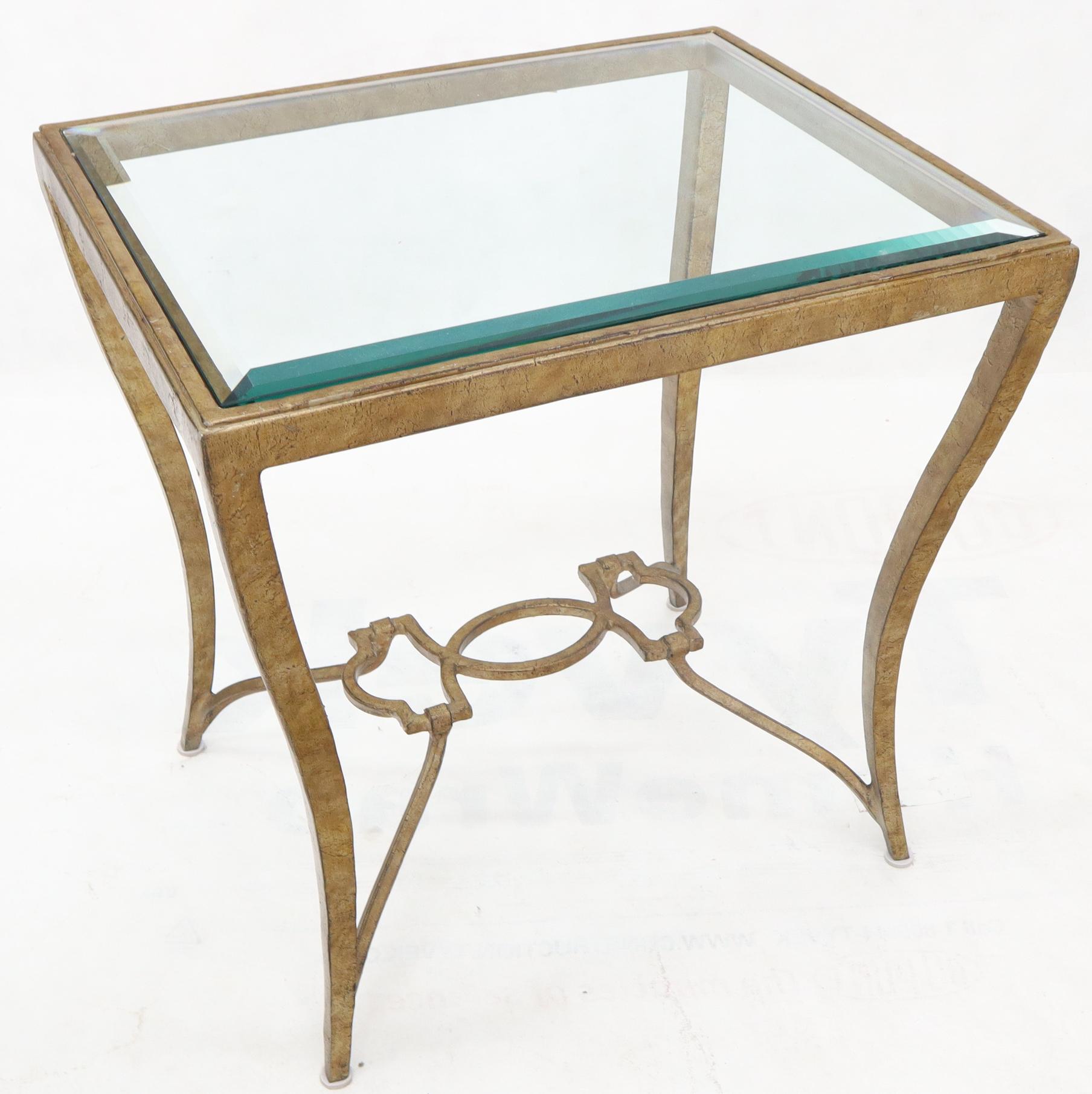 Heavy forged gilt iron beveled glass top side end occasional table stand.