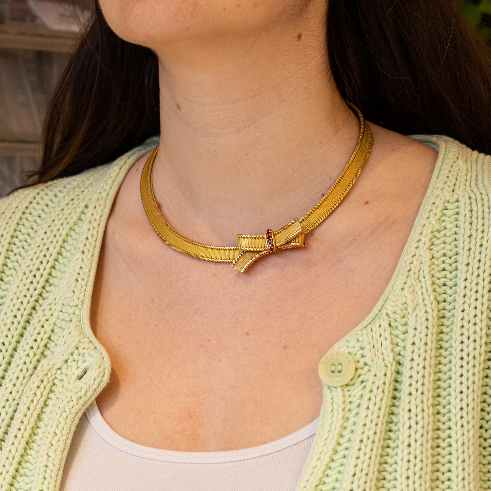 Heavy French 18k solid gold Necklace - Cleopatra collar - 1950's - Bow brooch 5