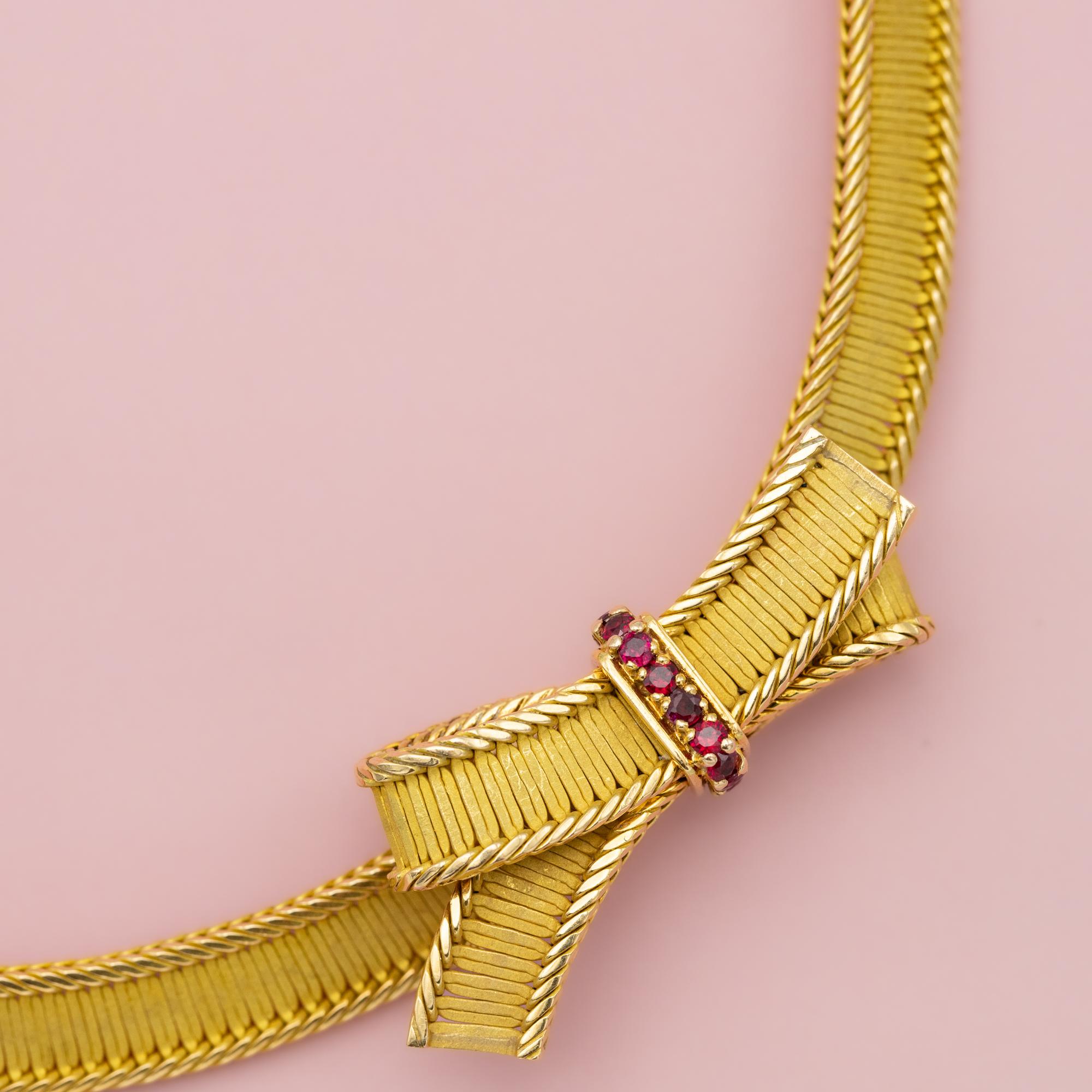 Retro Heavy French 18k solid gold Necklace - Cleopatra collar - 1950's - Bow brooch