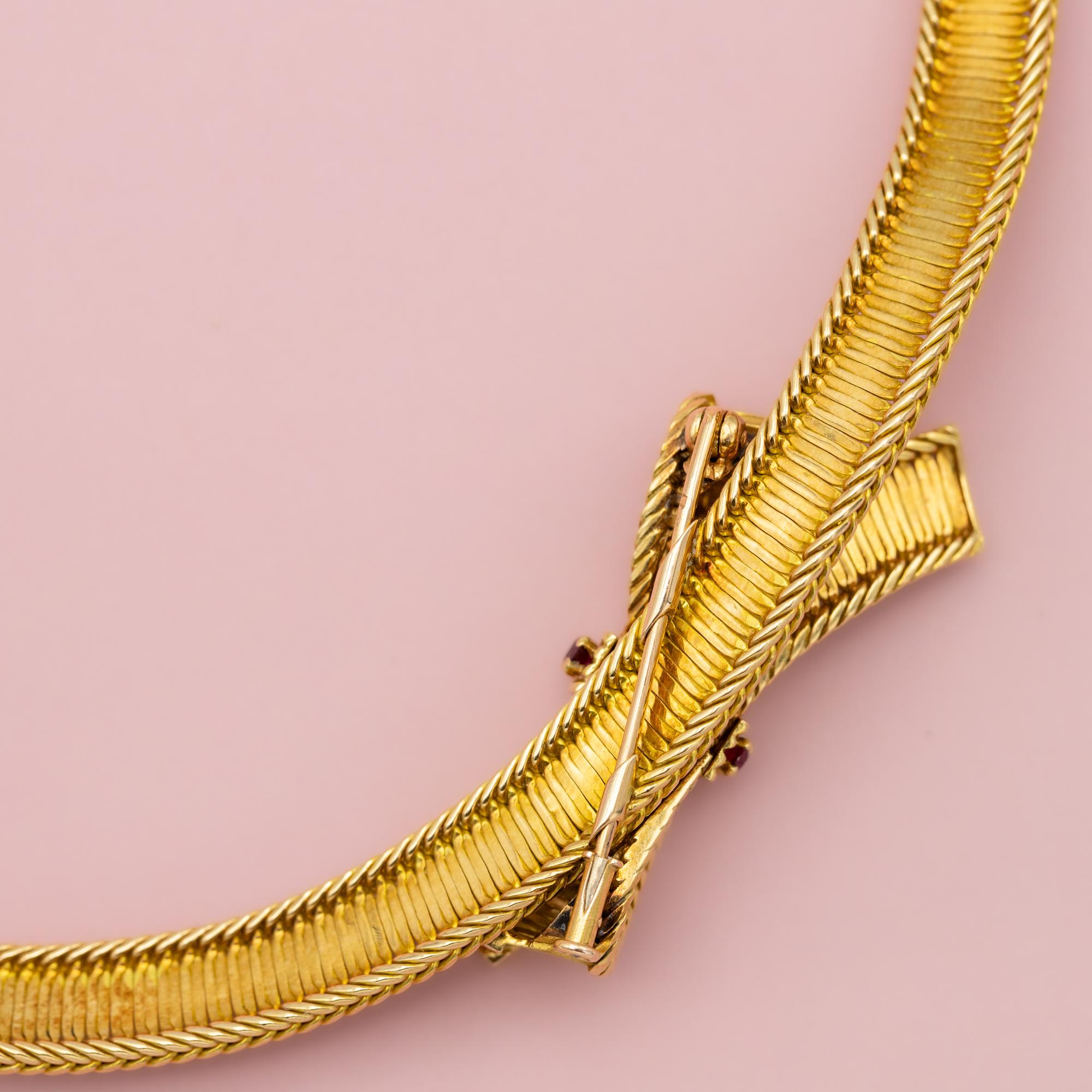 Single Cut Heavy French 18k solid gold Necklace - Cleopatra collar - 1950's - Bow brooch