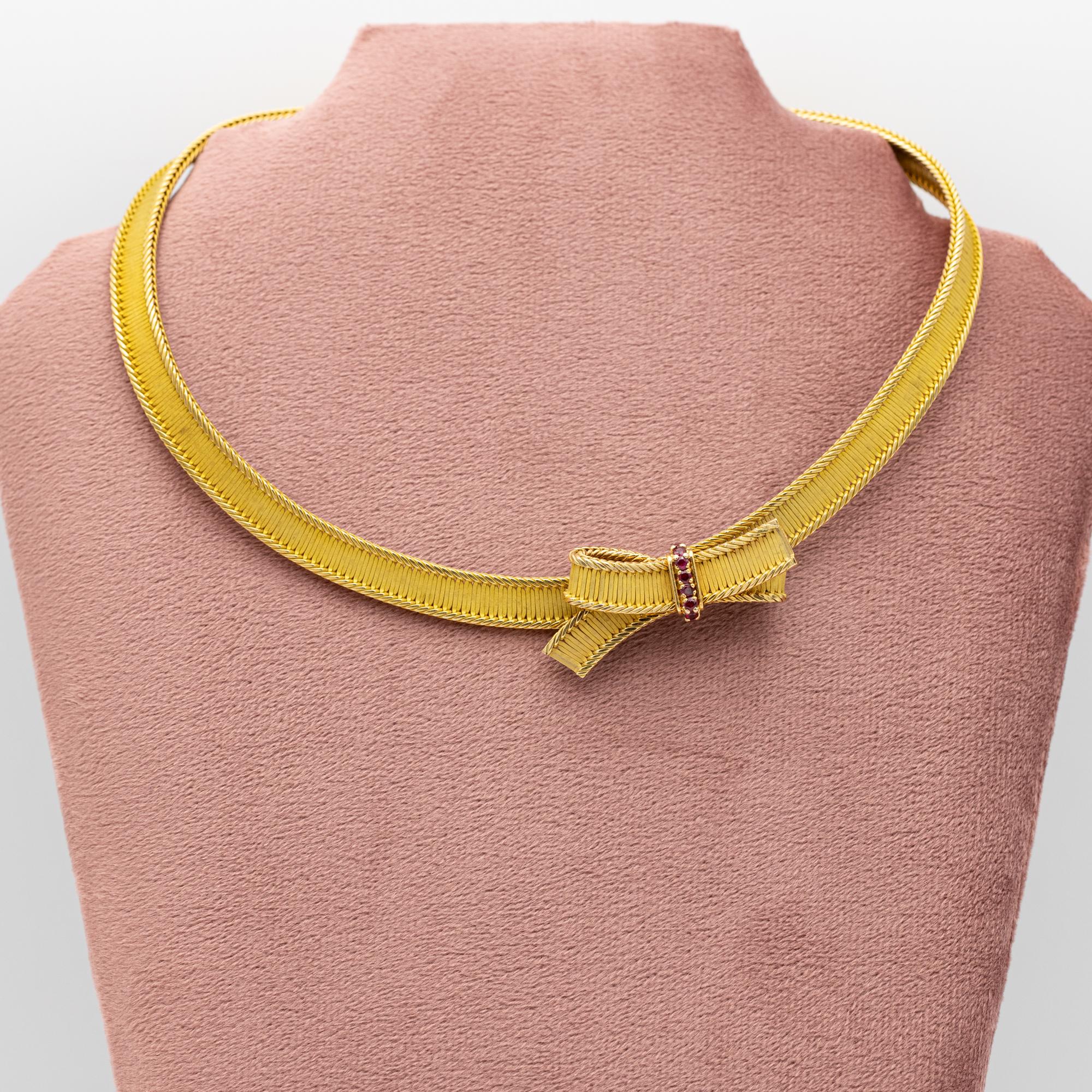 Heavy French 18k solid gold Necklace - Cleopatra collar - 1950's - Bow brooch 1