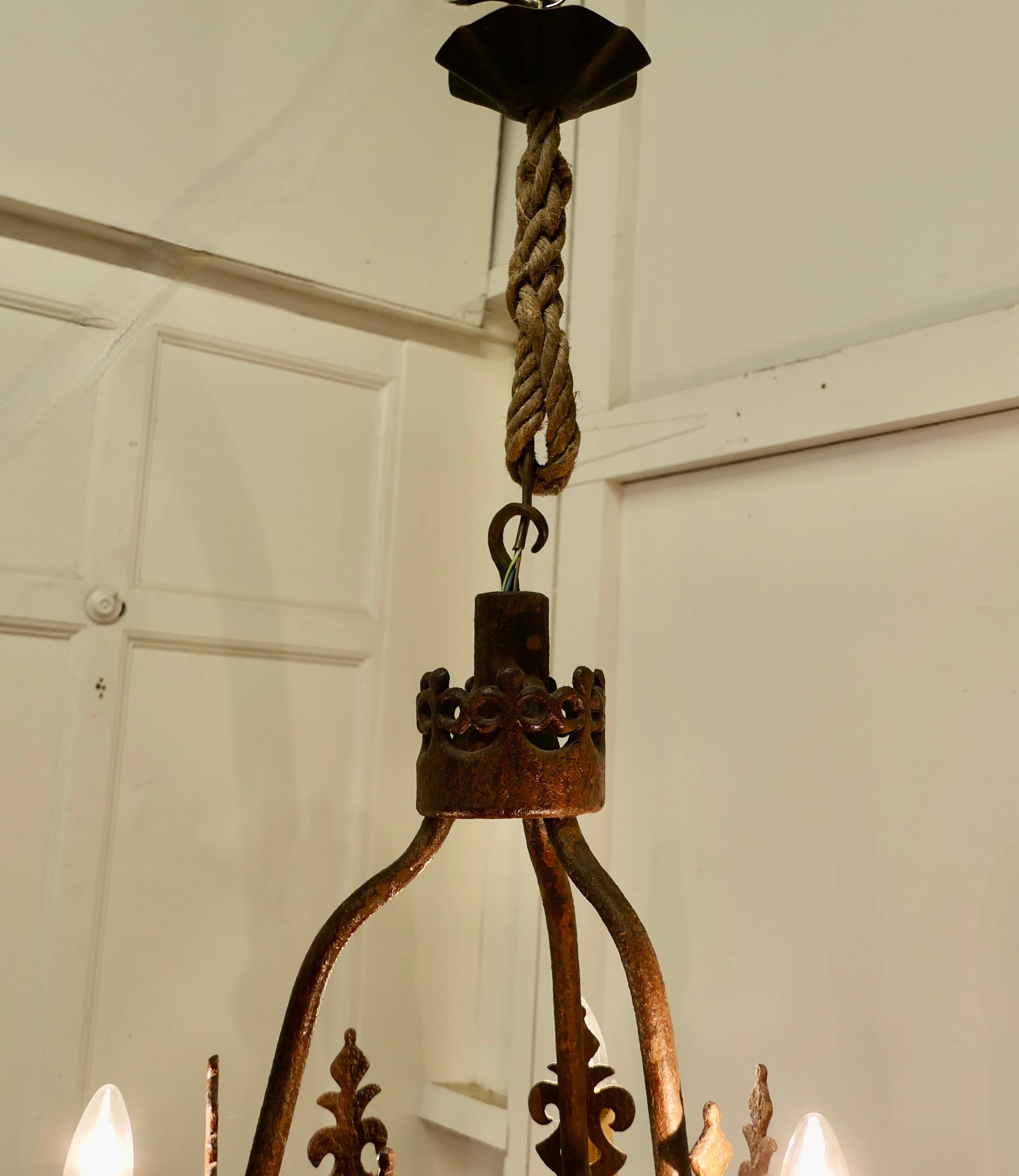 Lourd cintre de jeu en fer de forgeron français, conçu comme une armature légère

Une pièce très ancienne avec beaucoup de caractère, le cadre est décoré de fleurs de lys et a été adapté et câblé pour faire un plafonnier très inhabituel

Le