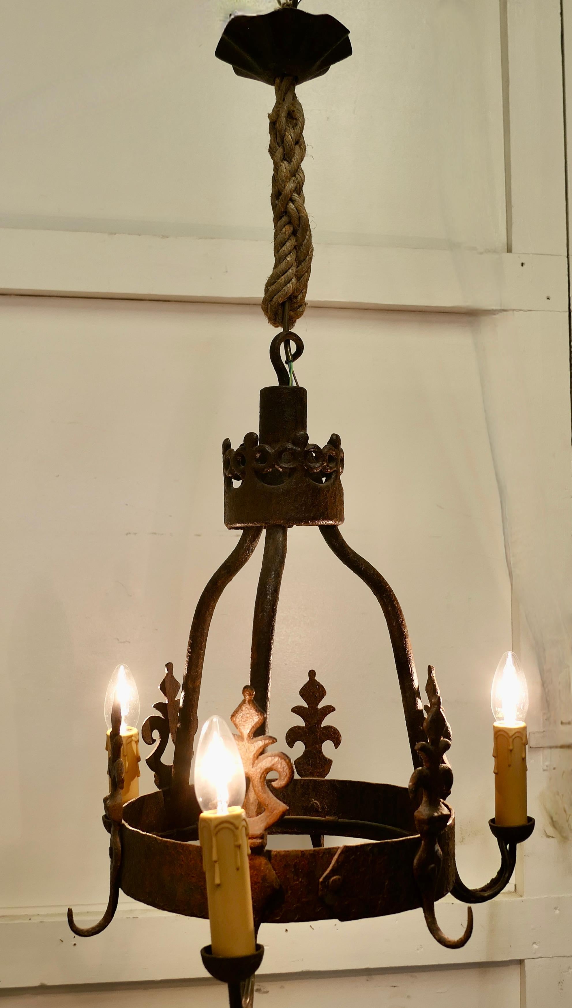 Rustic Heavy French Blacksmith Made Iron Game Hanger, made as a Light Fitting For Sale