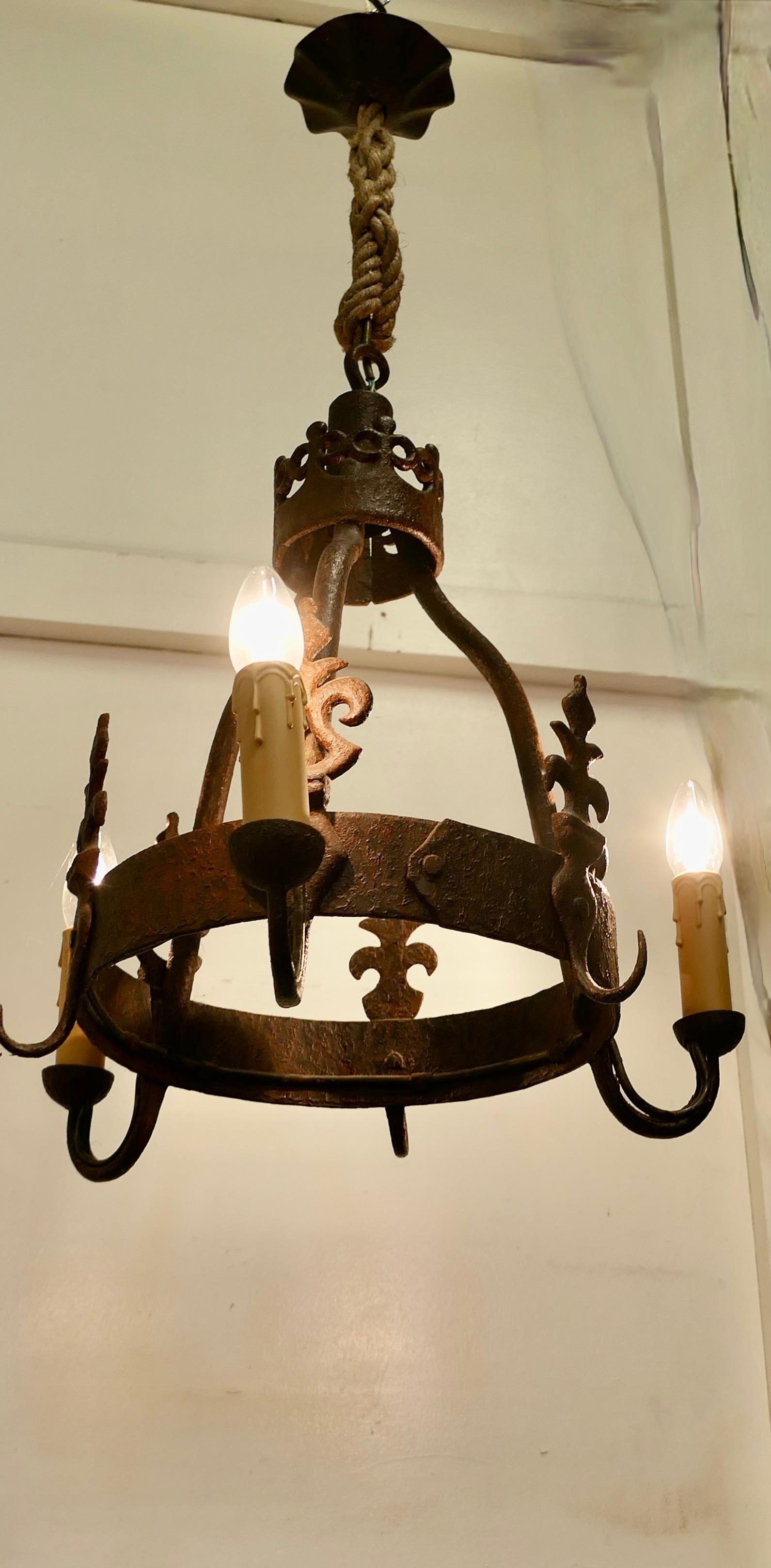 Heavy French Blacksmith Made Iron Game Hanger, made as a Light Fitting In Good Condition For Sale In Chillerton, Isle of Wight