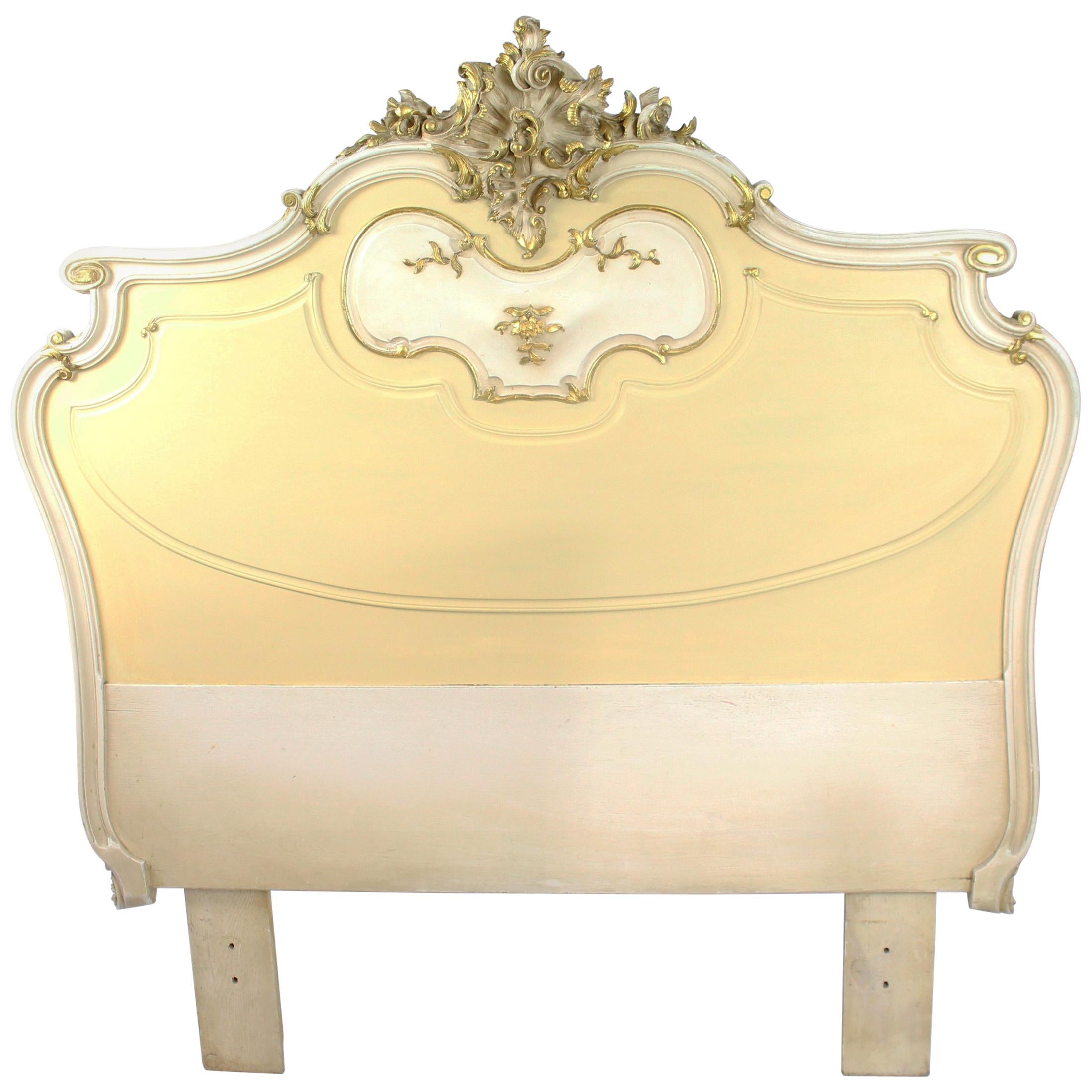 Heavy French Painted Carved Wood Headboard For Sale