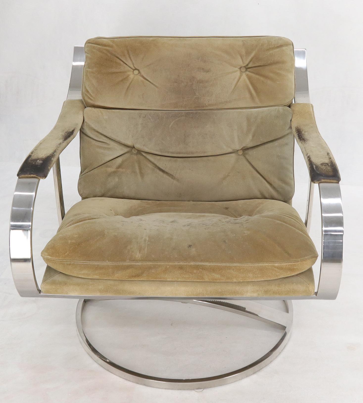 Mid-Century Modern Heavy Gage Polished Stainless Steel Swivel Base Suede Upholstery Lounge Chair For Sale