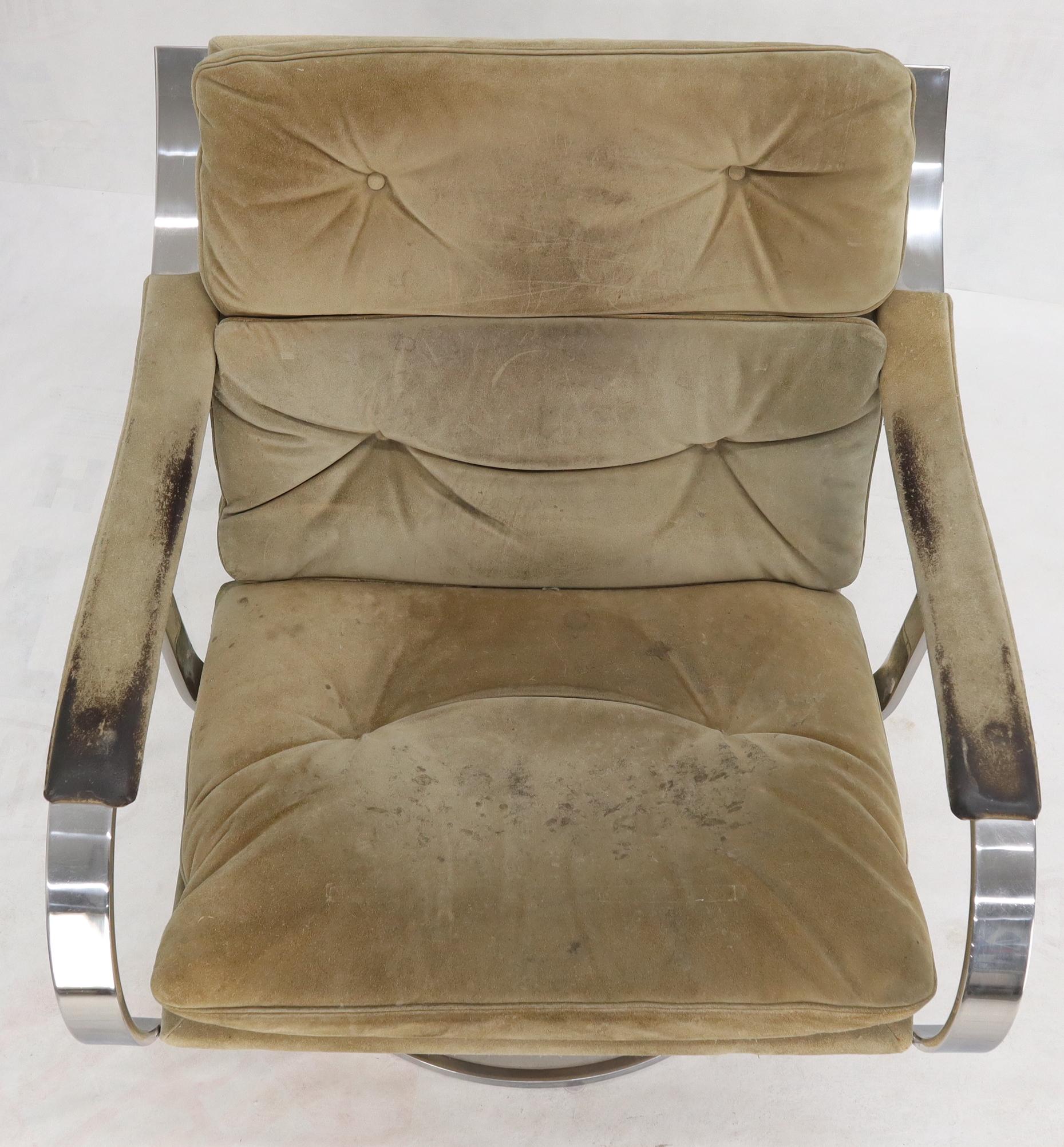 American Heavy Gage Polished Stainless Steel Swivel Base Suede Upholstery Lounge Chair For Sale